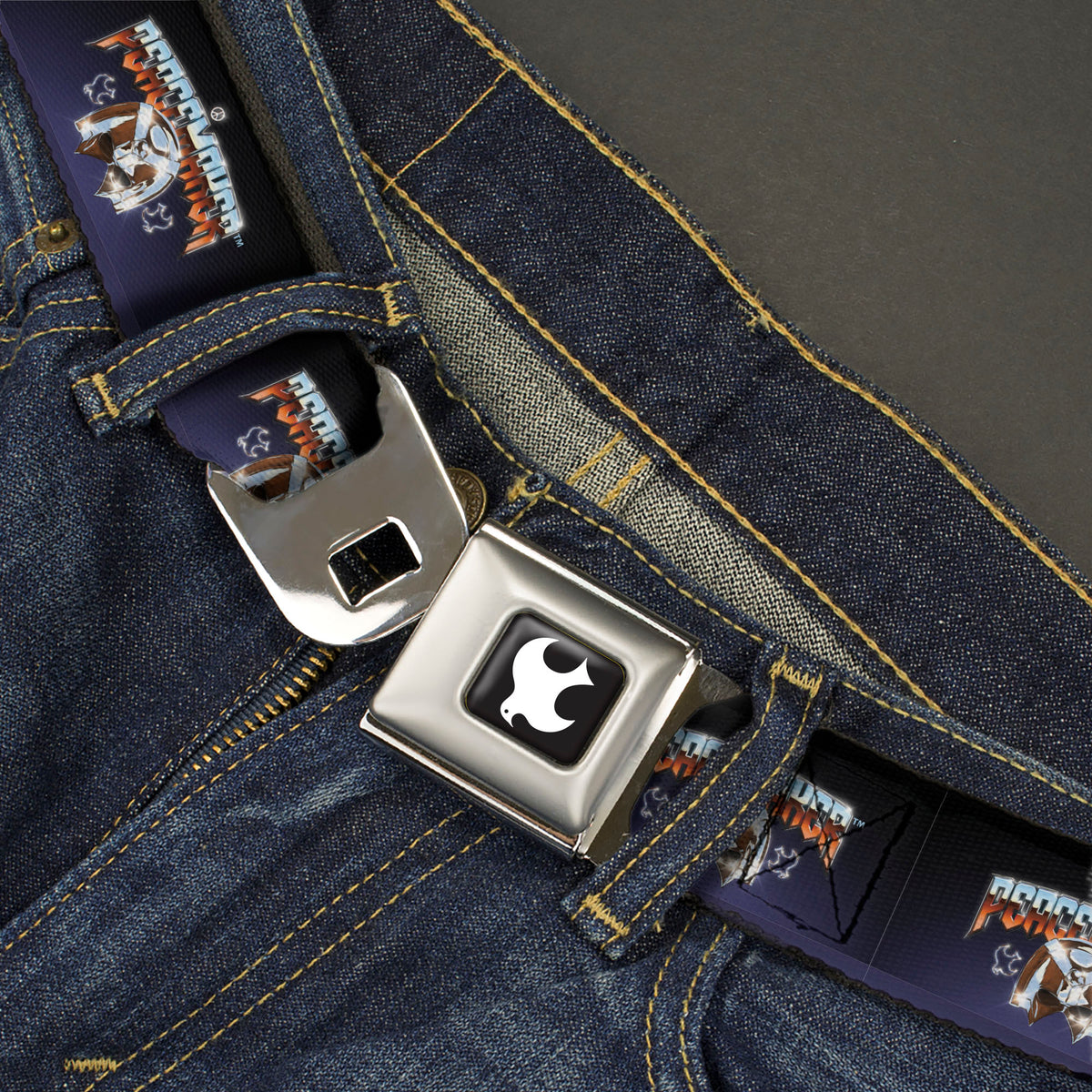 Peacemaker Dove Logo Full Color Black/White Seatbelt Belt - PEACEMAKER Mask Title Logo Blue Webbing Seatbelt Belts DC Comics