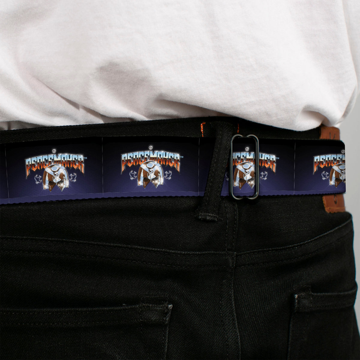 Peacemaker Dove Logo Full Color Black/White Seatbelt Belt - PEACEMAKER Mask Title Logo Blue Webbing Seatbelt Belts DC Comics