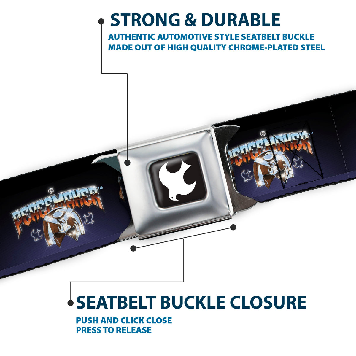 Peacemaker Dove Logo Full Color Black/White Seatbelt Belt - PEACEMAKER Mask Title Logo Blue Webbing Seatbelt Belts DC Comics