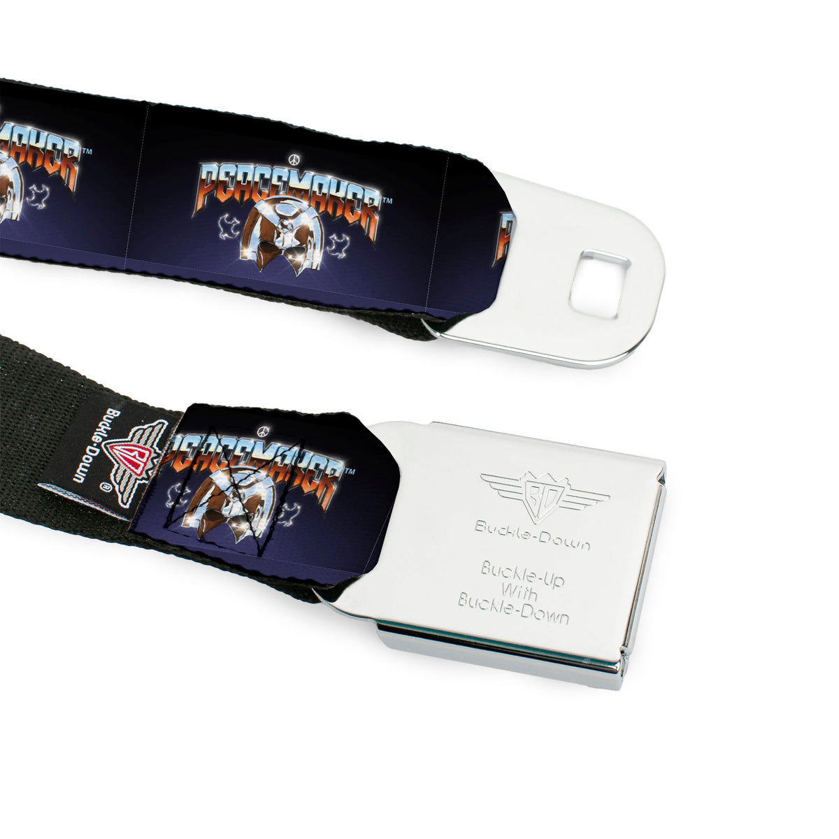Peacemaker Dove Logo Full Color Black/White Seatbelt Belt - PEACEMAKER Mask Title Logo Blue Webbing Seatbelt Belts DC Comics