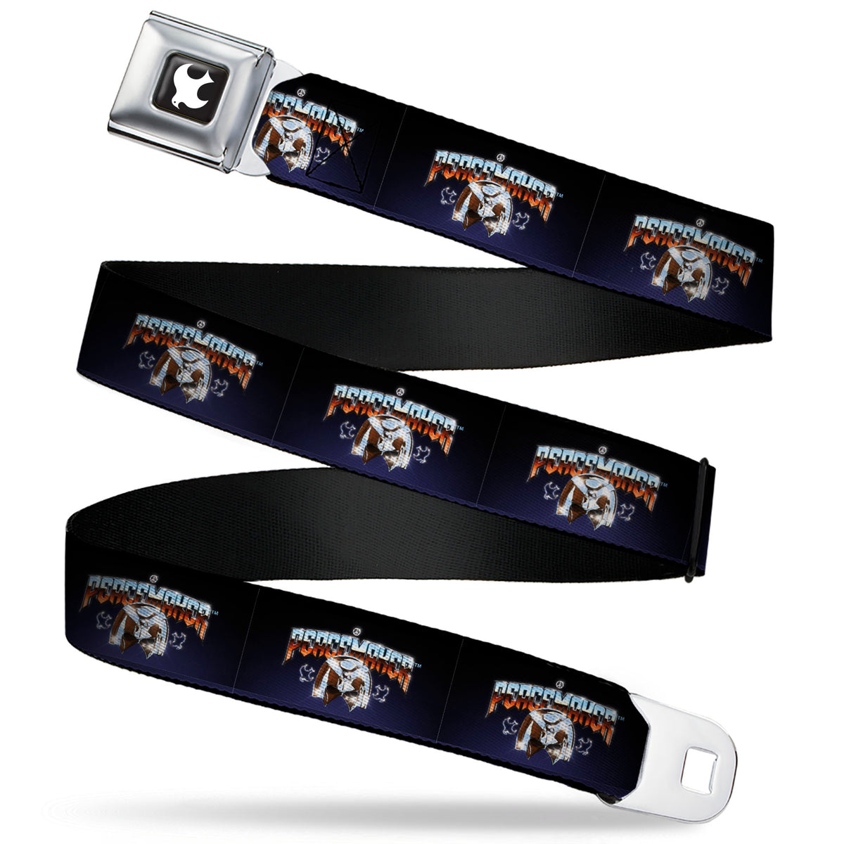Peacemaker Dove Logo Full Color Black/White Seatbelt Belt - PEACEMAKER Mask Title Logo Blue Webbing Seatbelt Belts DC Comics