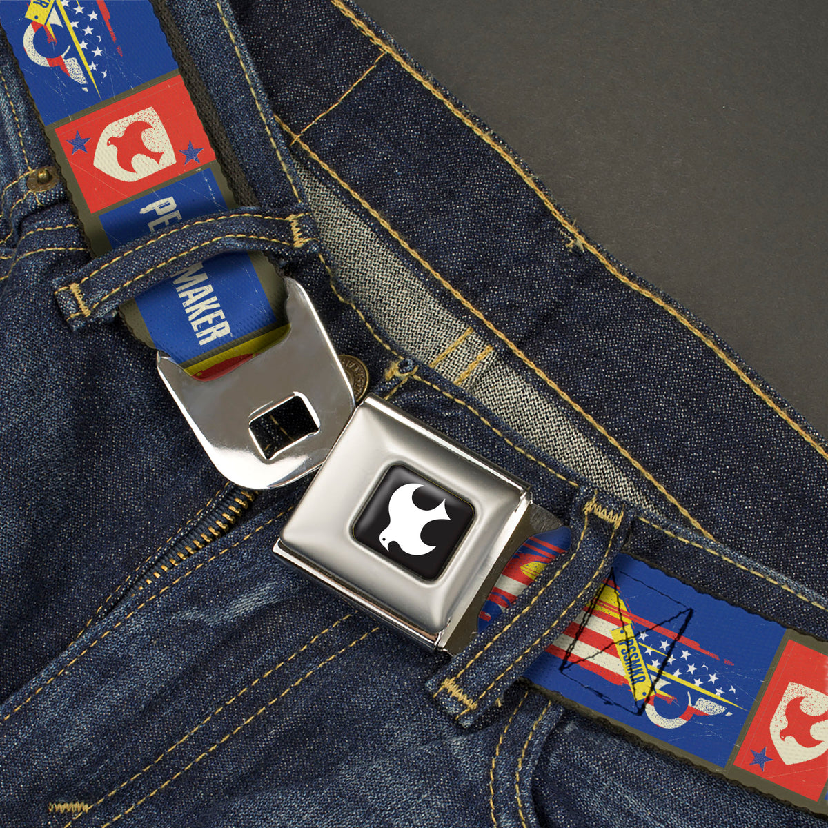 Peacemaker Dove Logo Full Color Black/White Seatbelt Belt - PEACEMAKER Icon Blocks Blue/Yellow/Red Webbing Seatbelt Belts DC Comics