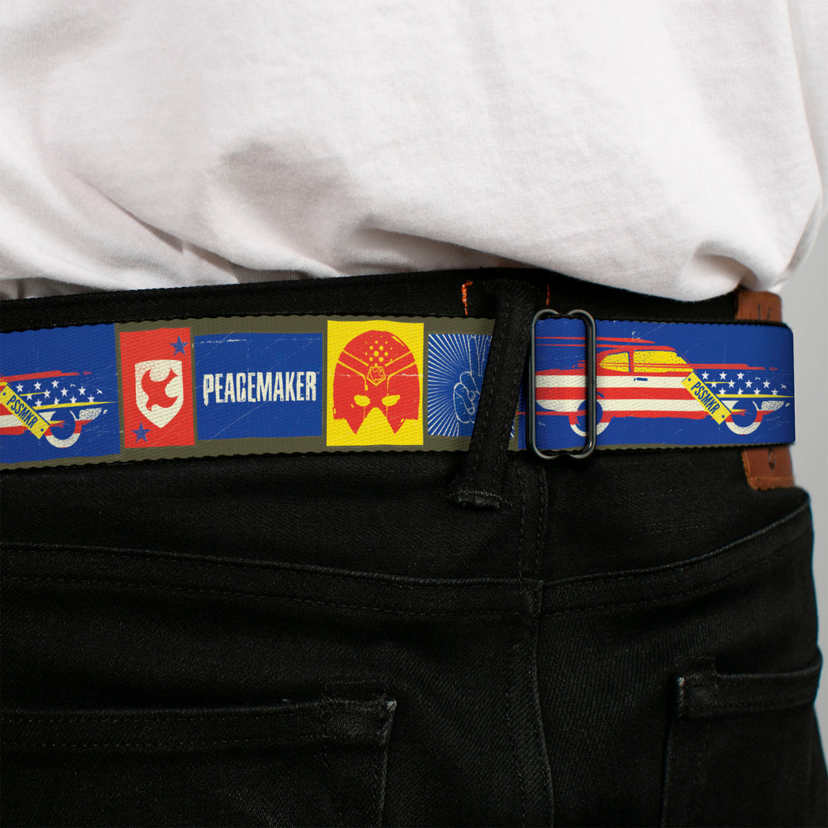 Peacemaker Dove Logo Full Color Black/White Seatbelt Belt - PEACEMAKER Icon Blocks Blue/Yellow/Red Webbing Seatbelt Belts DC Comics
