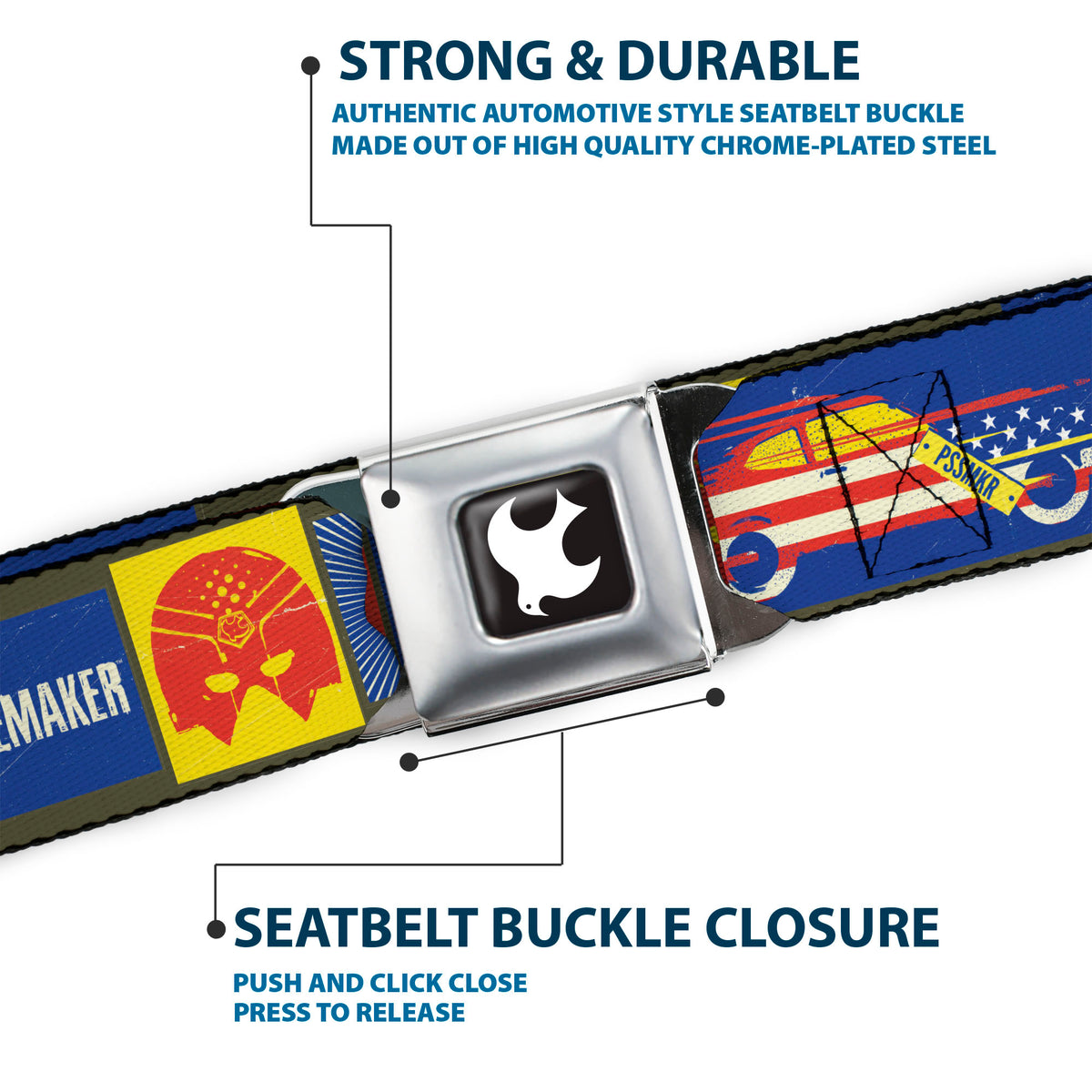 Peacemaker Dove Logo Full Color Black/White Seatbelt Belt - PEACEMAKER Icon Blocks Blue/Yellow/Red Webbing Seatbelt Belts DC Comics