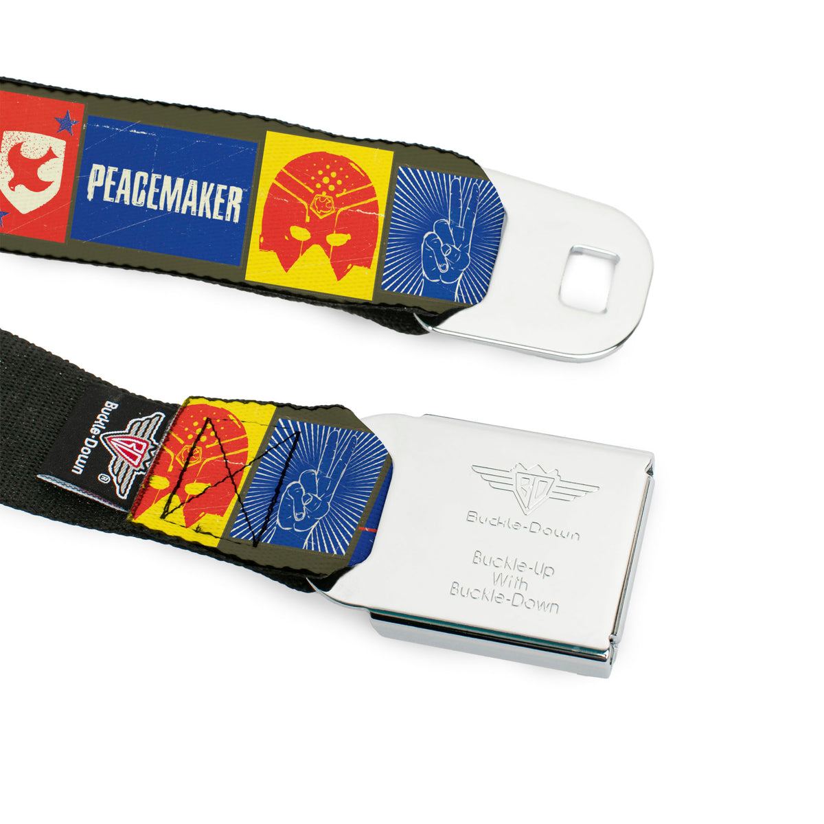 Peacemaker Dove Logo Full Color Black/White Seatbelt Belt - PEACEMAKER Icon Blocks Blue/Yellow/Red Webbing Seatbelt Belts DC Comics