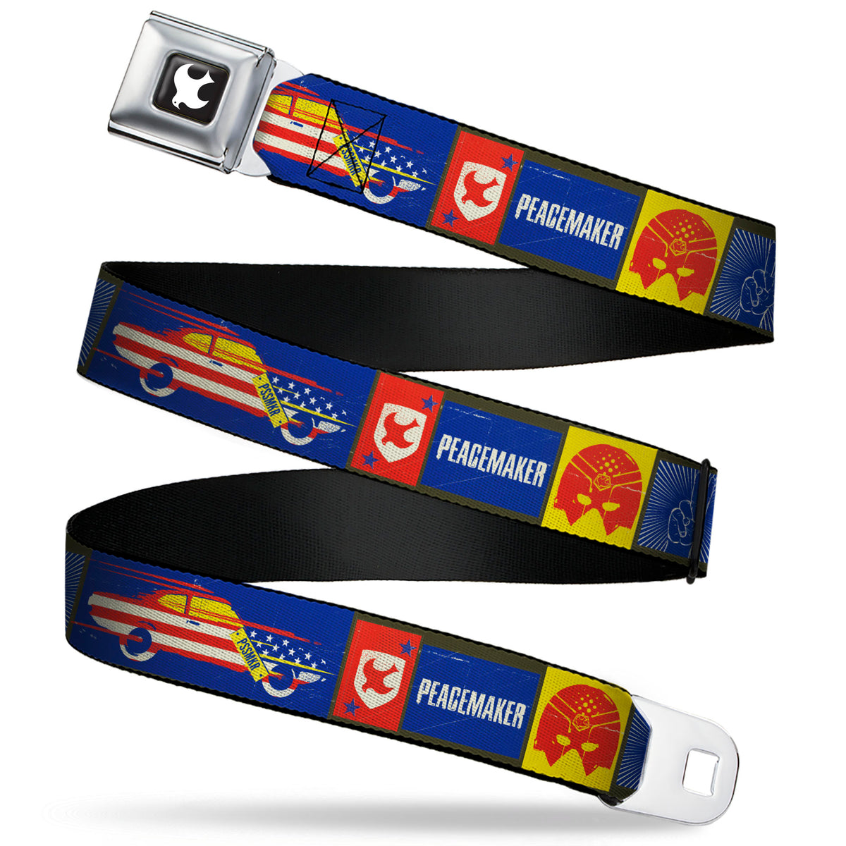 Peacemaker Dove Logo Full Color Black/White Seatbelt Belt - PEACEMAKER Icon Blocks Blue/Yellow/Red Webbing Seatbelt Belts DC Comics