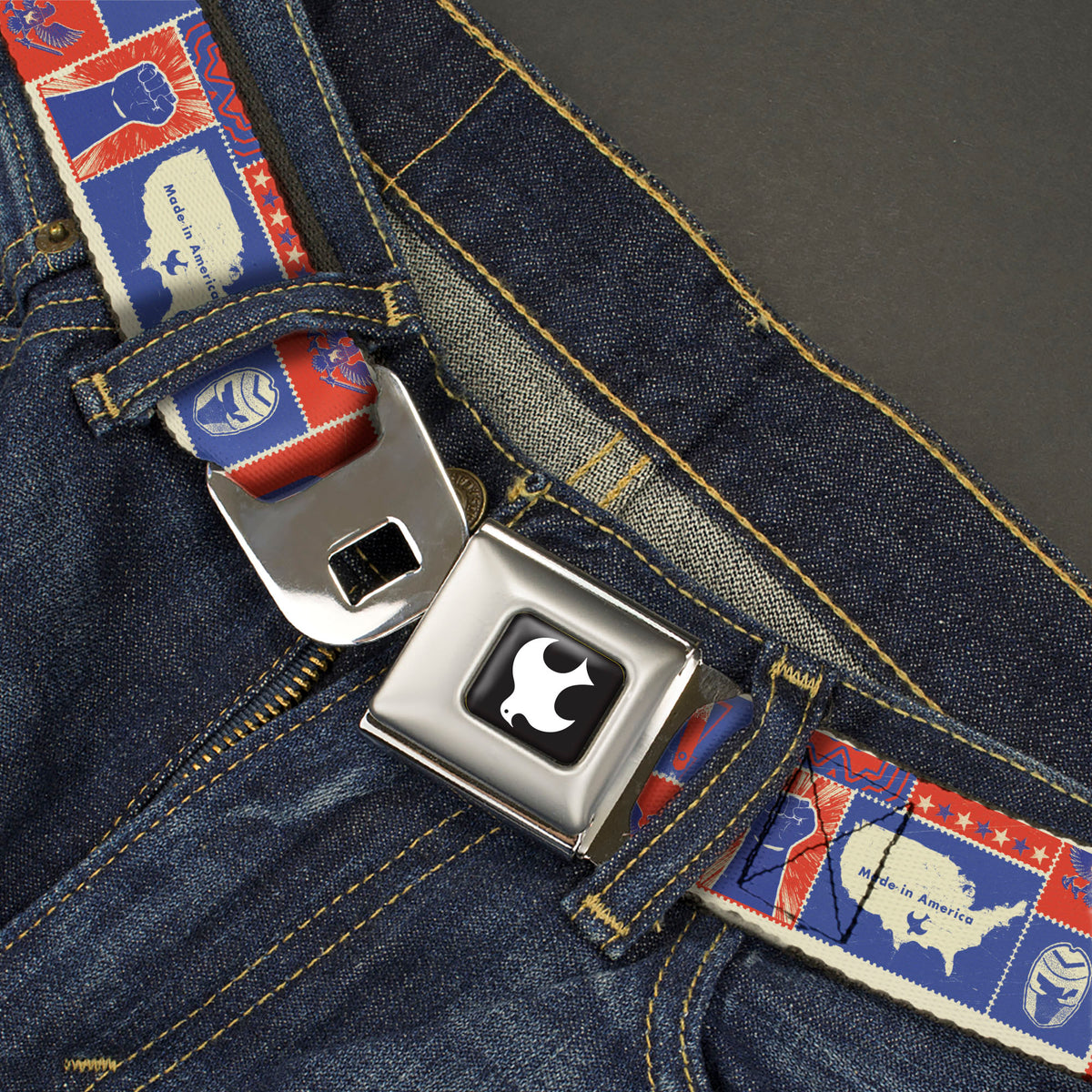 Peacemaker Dove Logo Full Color Black/White Seatbelt Belt - Peacemaker EAT PEACE Icons Collage Blue/Red/White Webbing Seatbelt Belts DC Comics