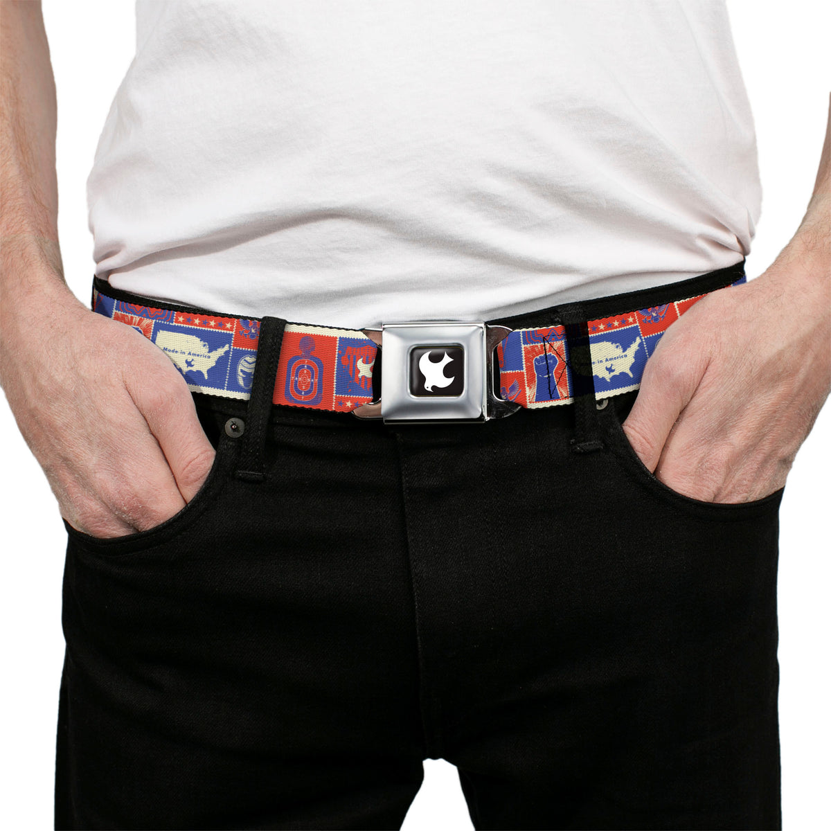 Peacemaker Dove Logo Full Color Black/White Seatbelt Belt - Peacemaker EAT PEACE Icons Collage Blue/Red/White Webbing Seatbelt Belts DC Comics