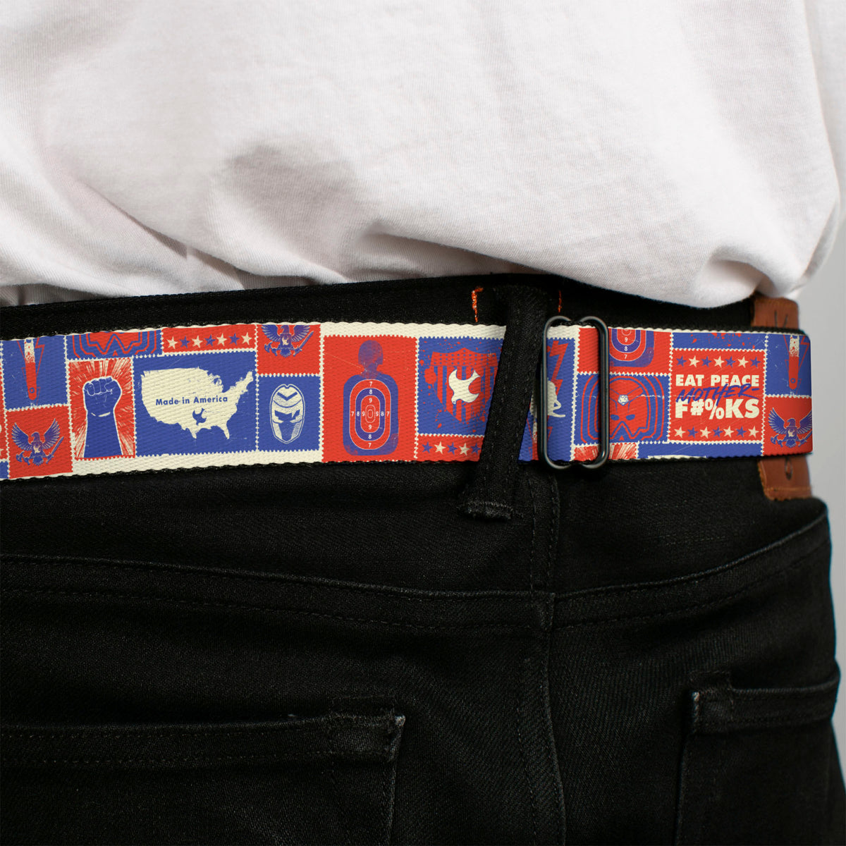 Peacemaker Dove Logo Full Color Black/White Seatbelt Belt - Peacemaker EAT PEACE Icons Collage Blue/Red/White Webbing Seatbelt Belts DC Comics