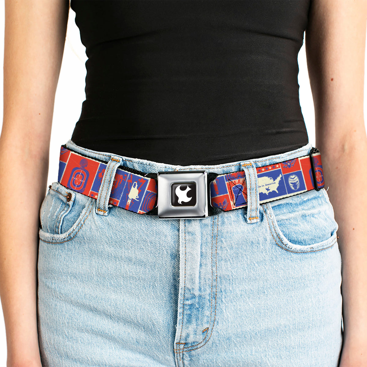 Peacemaker Dove Logo Full Color Black/White Seatbelt Belt - Peacemaker EAT PEACE Icons Collage Blue/Red/White Webbing Seatbelt Belts DC Comics