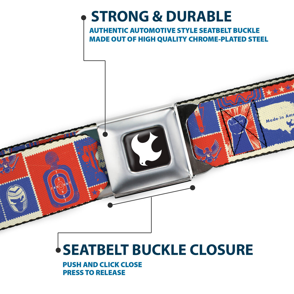 Peacemaker Dove Logo Full Color Black/White Seatbelt Belt - Peacemaker EAT PEACE Icons Collage Blue/Red/White Webbing Seatbelt Belts DC Comics