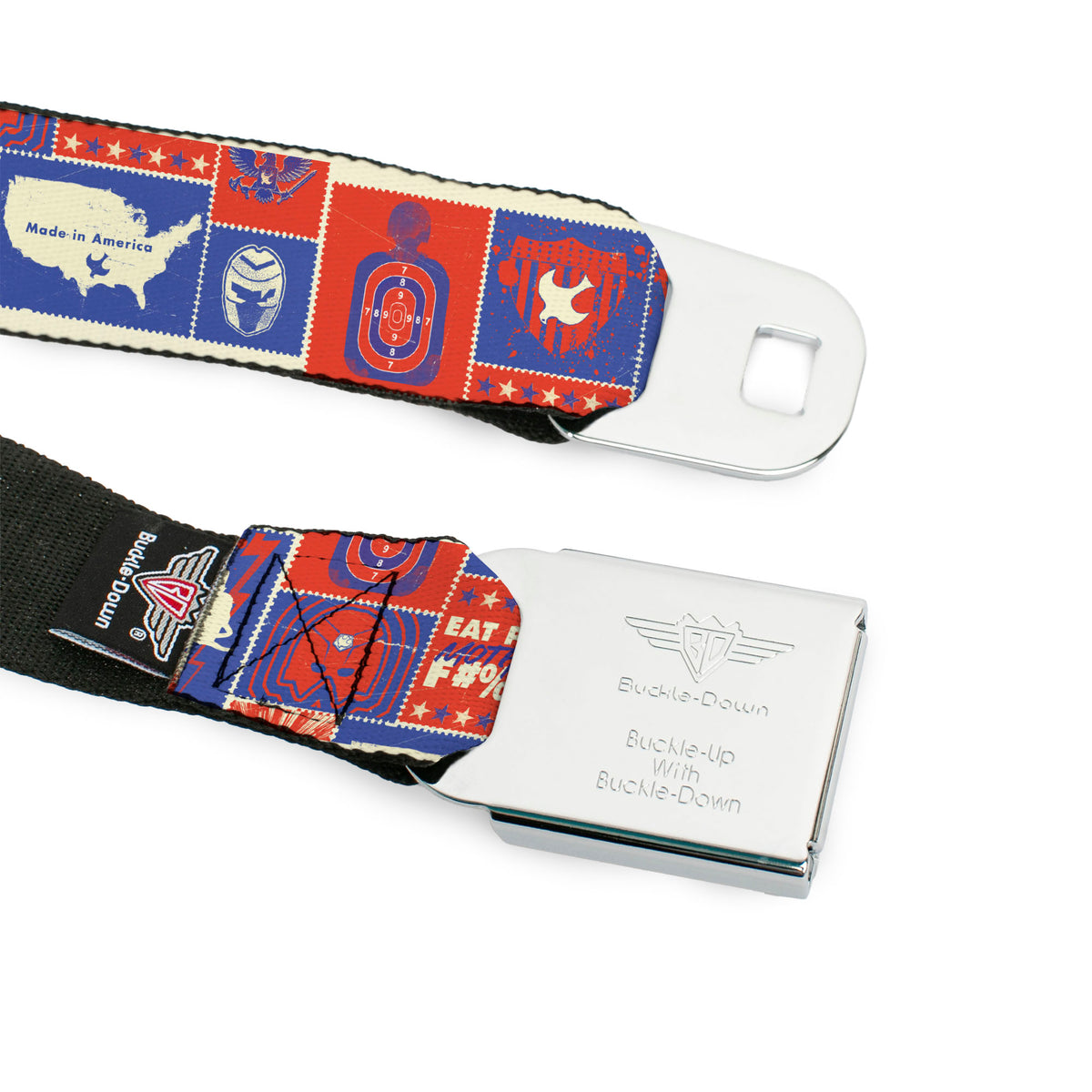 Peacemaker Dove Logo Full Color Black/White Seatbelt Belt - Peacemaker EAT PEACE Icons Collage Blue/Red/White Webbing Seatbelt Belts DC Comics