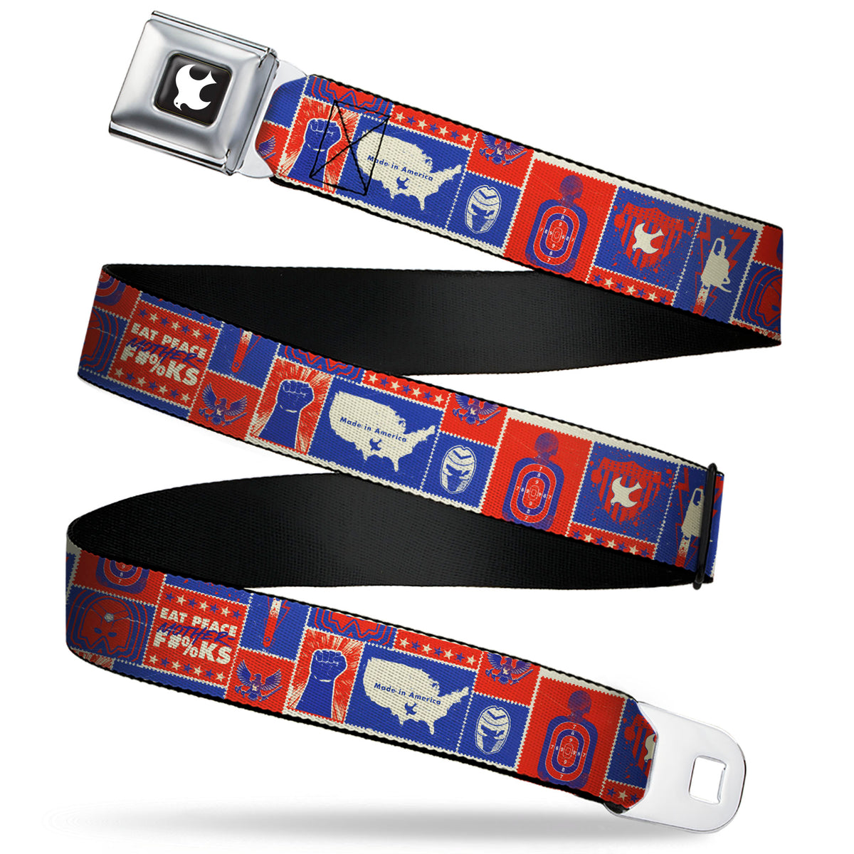 Peacemaker Dove Logo Full Color Black/White Seatbelt Belt - Peacemaker EAT PEACE Icons Collage Blue/Red/White Webbing Seatbelt Belts DC Comics