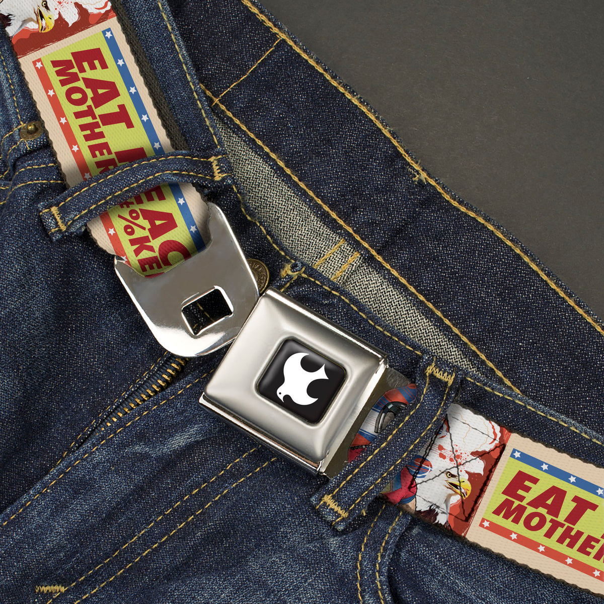 Peacemaker Dove Logo Full Color Black/White Seatbelt Belt - Peacemaker EAT PEACE Pose and Quote Yellows/Blue/Reds Webbing Seatbelt Belts DC Comics