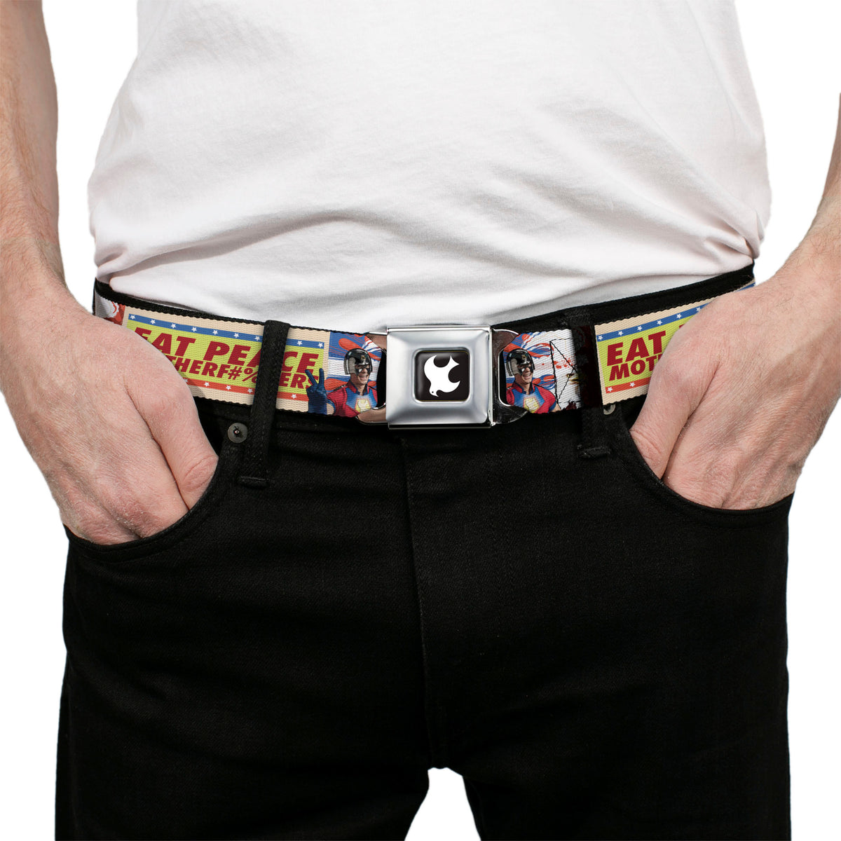 Peacemaker Dove Logo Full Color Black/White Seatbelt Belt - Peacemaker EAT PEACE Pose and Quote Yellows/Blue/Reds Webbing Seatbelt Belts DC Comics