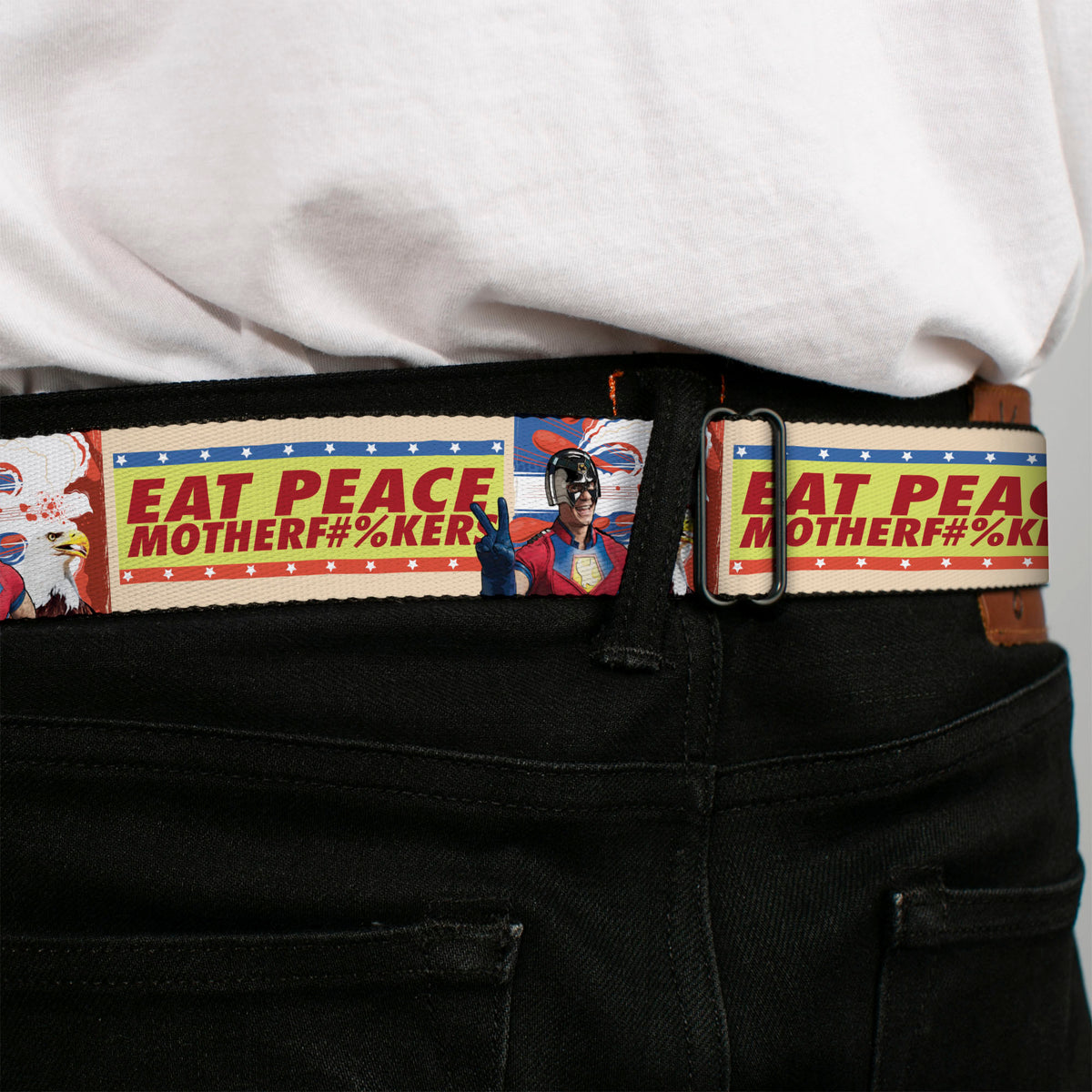 Peacemaker Dove Logo Full Color Black/White Seatbelt Belt - Peacemaker EAT PEACE Pose and Quote Yellows/Blue/Reds Webbing Seatbelt Belts DC Comics