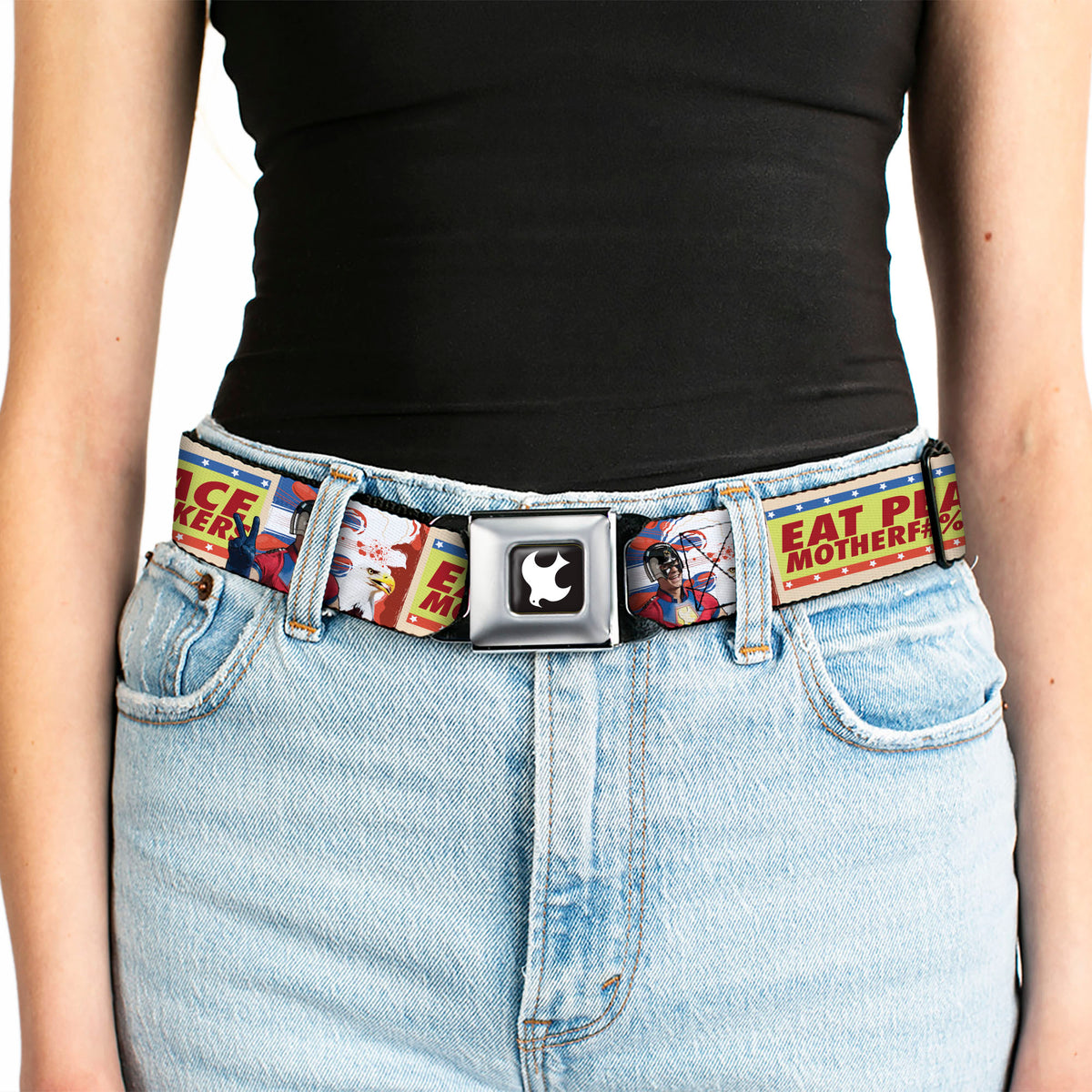 Peacemaker Dove Logo Full Color Black/White Seatbelt Belt - Peacemaker EAT PEACE Pose and Quote Yellows/Blue/Reds Webbing Seatbelt Belts DC Comics