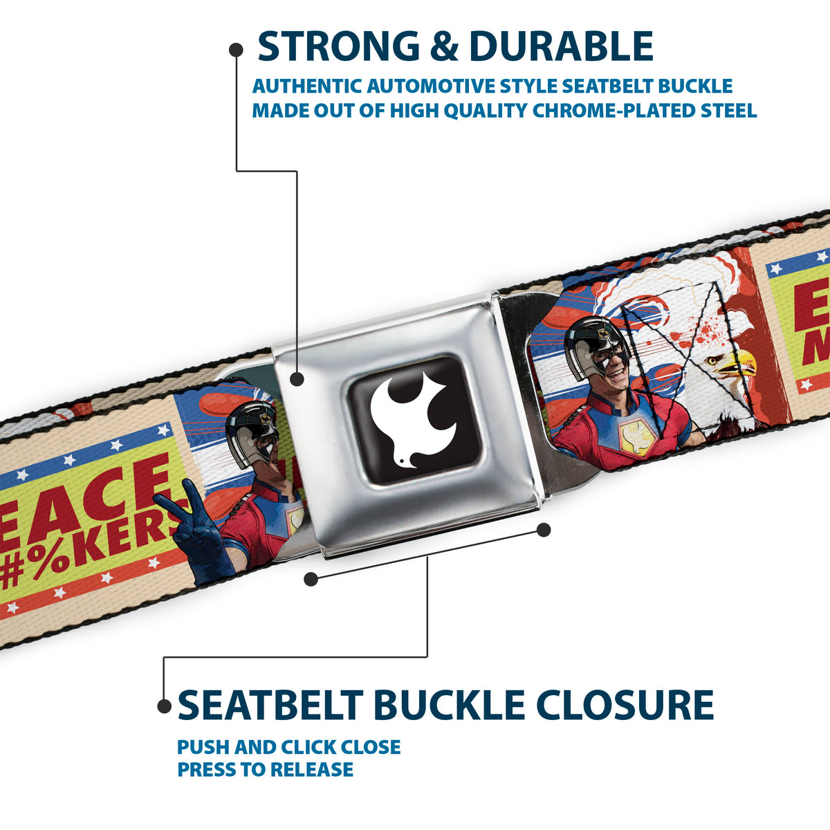 Peacemaker Dove Logo Full Color Black/White Seatbelt Belt - Peacemaker EAT PEACE Pose and Quote Yellows/Blue/Reds Webbing Seatbelt Belts DC Comics