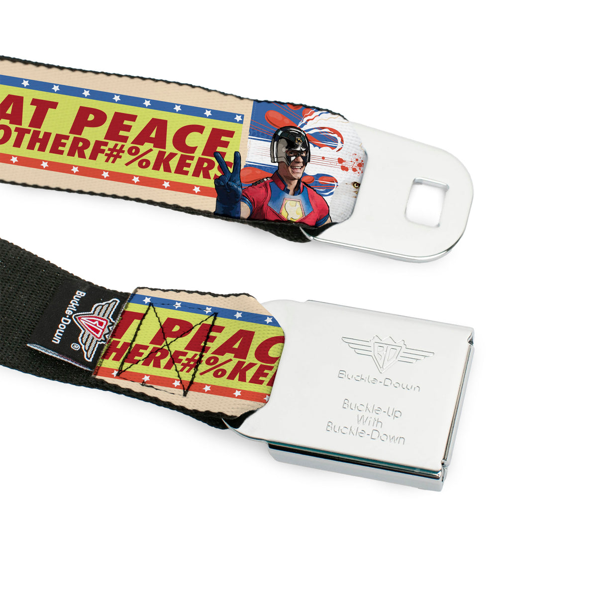 Peacemaker Dove Logo Full Color Black/White Seatbelt Belt - Peacemaker EAT PEACE Pose and Quote Yellows/Blue/Reds Webbing Seatbelt Belts DC Comics