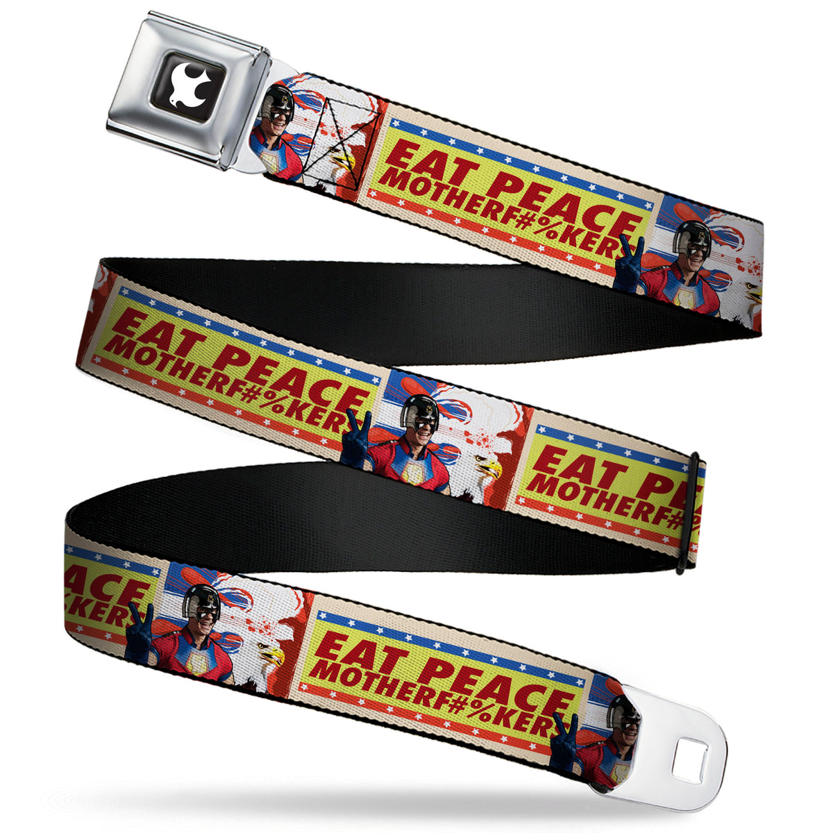 Peacemaker Dove Logo Full Color Black/White Seatbelt Belt - Peacemaker EAT PEACE Pose and Quote Yellows/Blue/Reds Webbing Seatbelt Belts DC Comics