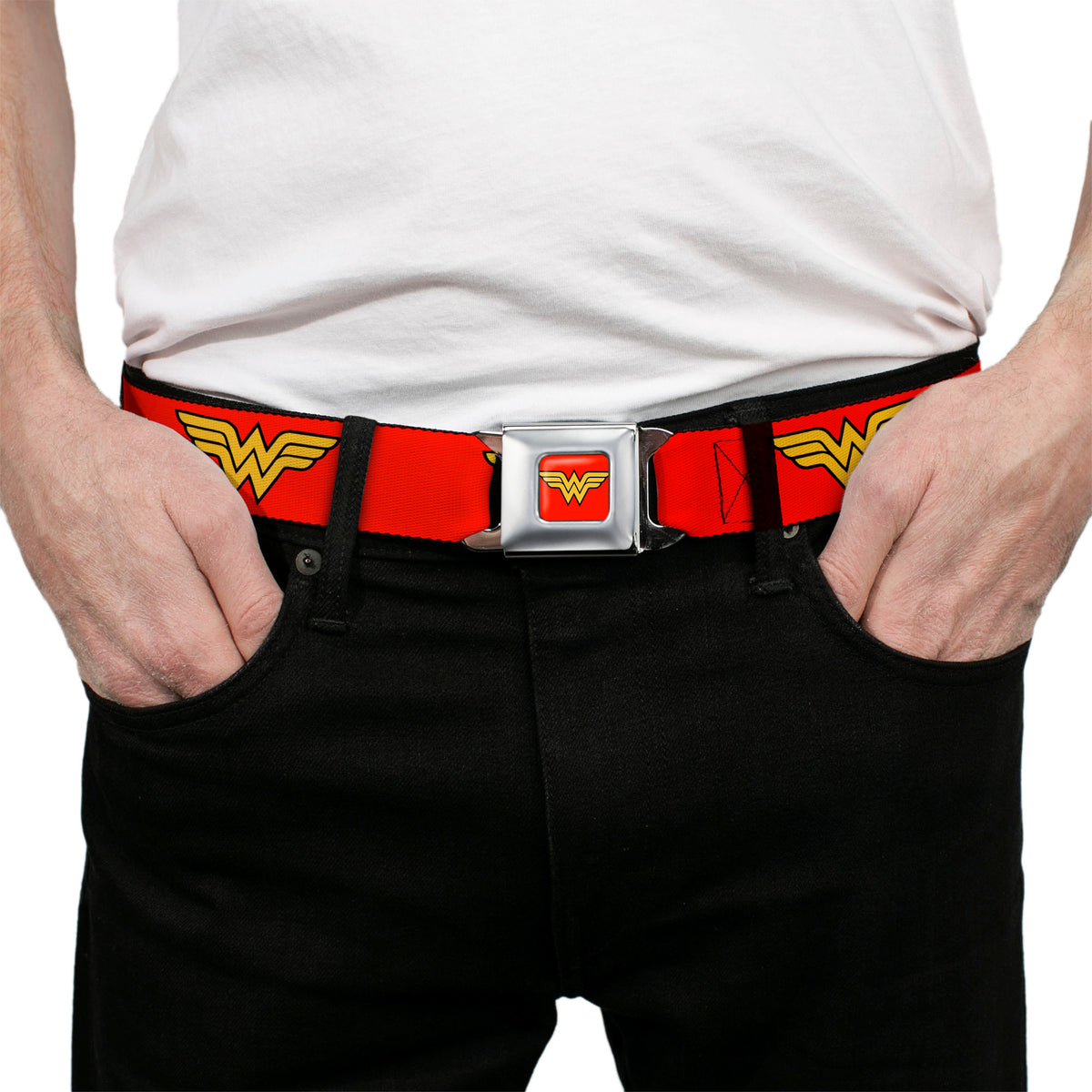 Wonder Woman Logo Full Color Red Seatbelt Belt - Wonder Woman Logo Red Webbing Seatbelt Belts DC Comics