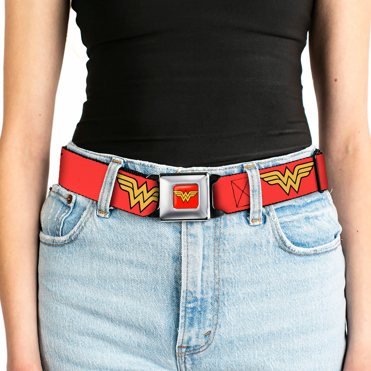 Wonder Woman Logo Full Color Red Seatbelt Belt - Wonder Woman Logo Red Webbing Seatbelt Belts DC Comics