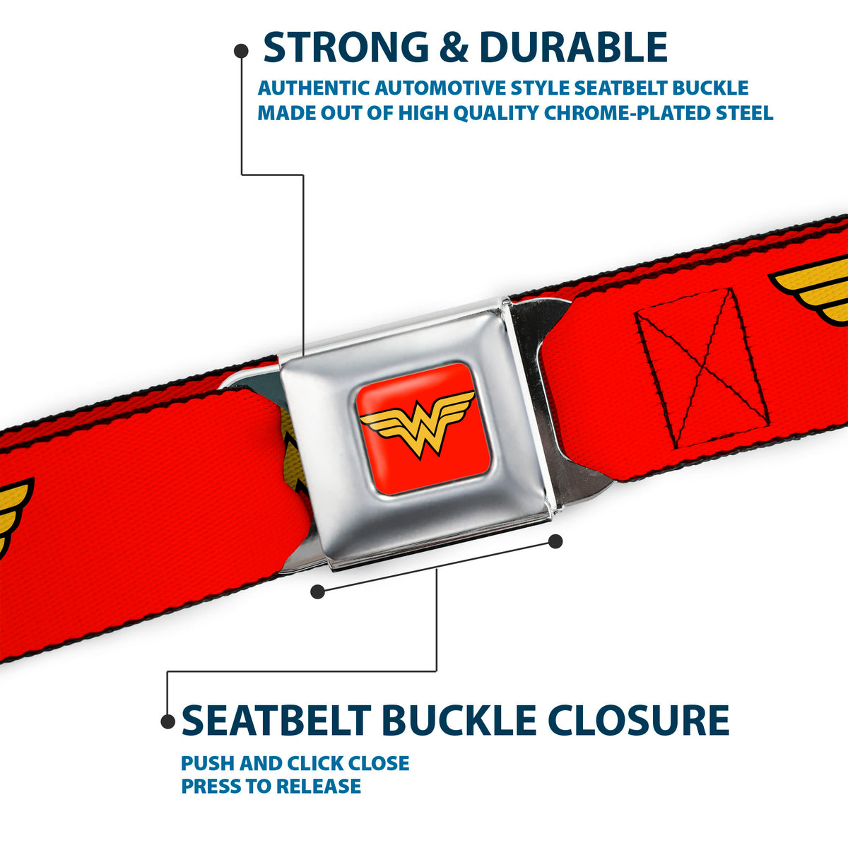 Wonder Woman Logo Full Color Red Seatbelt Belt - Wonder Woman Logo Red Webbing Seatbelt Belts DC Comics