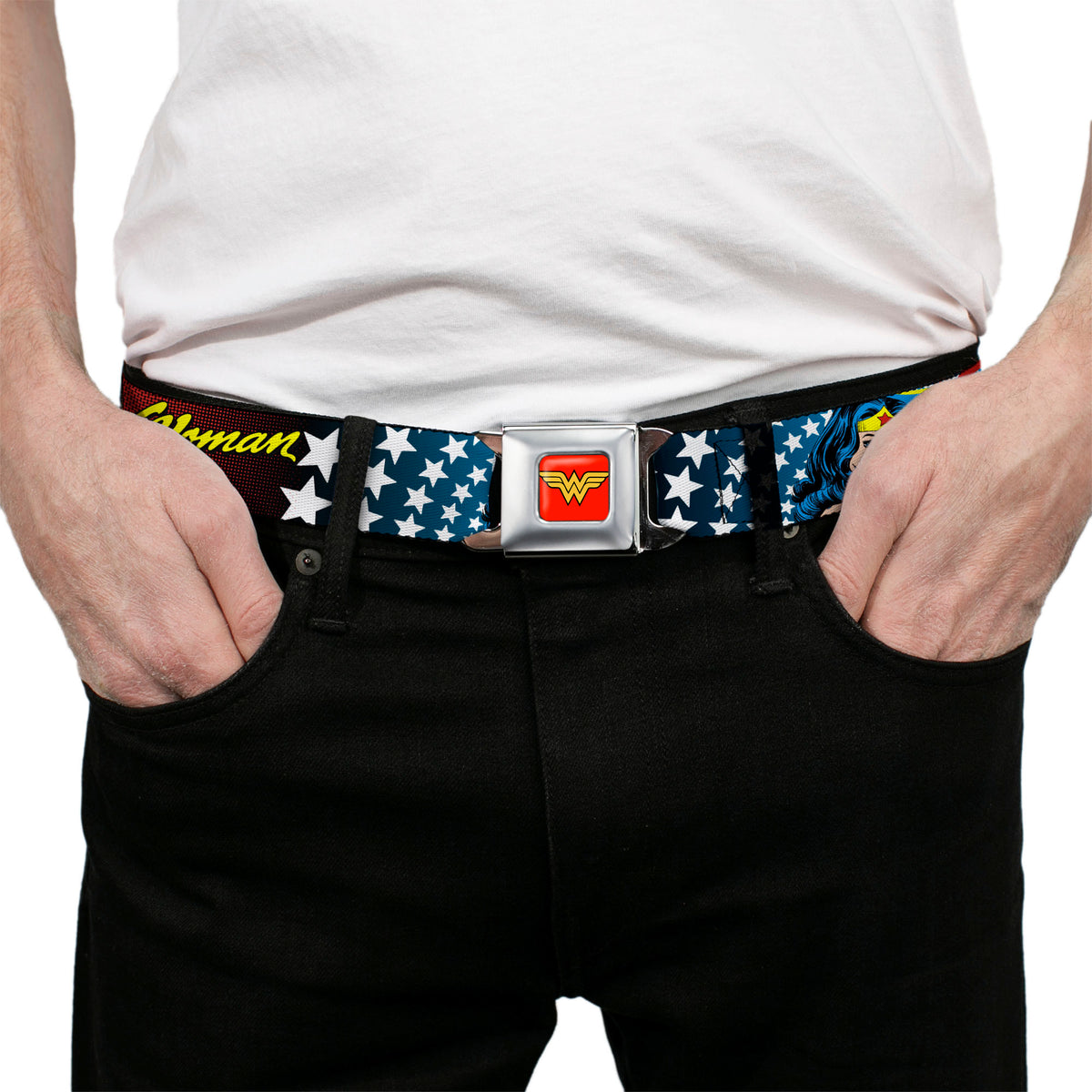 Wonder Woman Logo Full Color Red Seatbelt Belt - Wonder Woman Face w/Stars Webbing Seatbelt Belts DC Comics