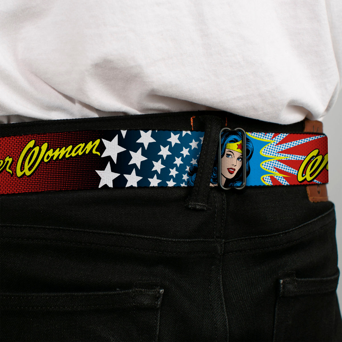 Wonder Woman Logo Full Color Red Seatbelt Belt - Wonder Woman Face w/Stars Webbing Seatbelt Belts DC Comics