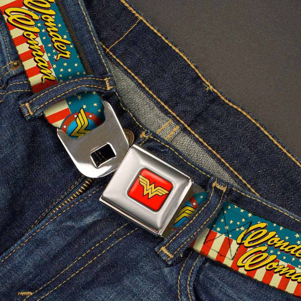 Wonder Woman Logo Full Color Red Seatbelt Belt - WONDER WOMAN/Logo Americana Red/White/Blue/Yellow Webbing Seatbelt Belts DC Comics