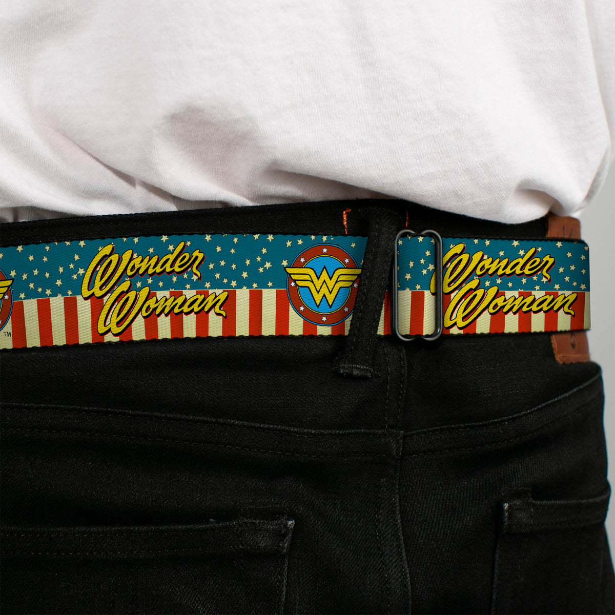 Wonder Woman Logo Full Color Red Seatbelt Belt - WONDER WOMAN/Logo Americana Red/White/Blue/Yellow Webbing Seatbelt Belts DC Comics