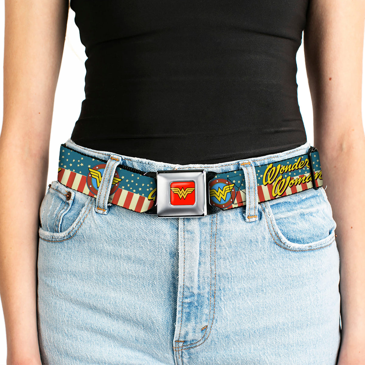 Wonder Woman Logo Full Color Red Seatbelt Belt - WONDER WOMAN/Logo Americana Red/White/Blue/Yellow Webbing Seatbelt Belts DC Comics