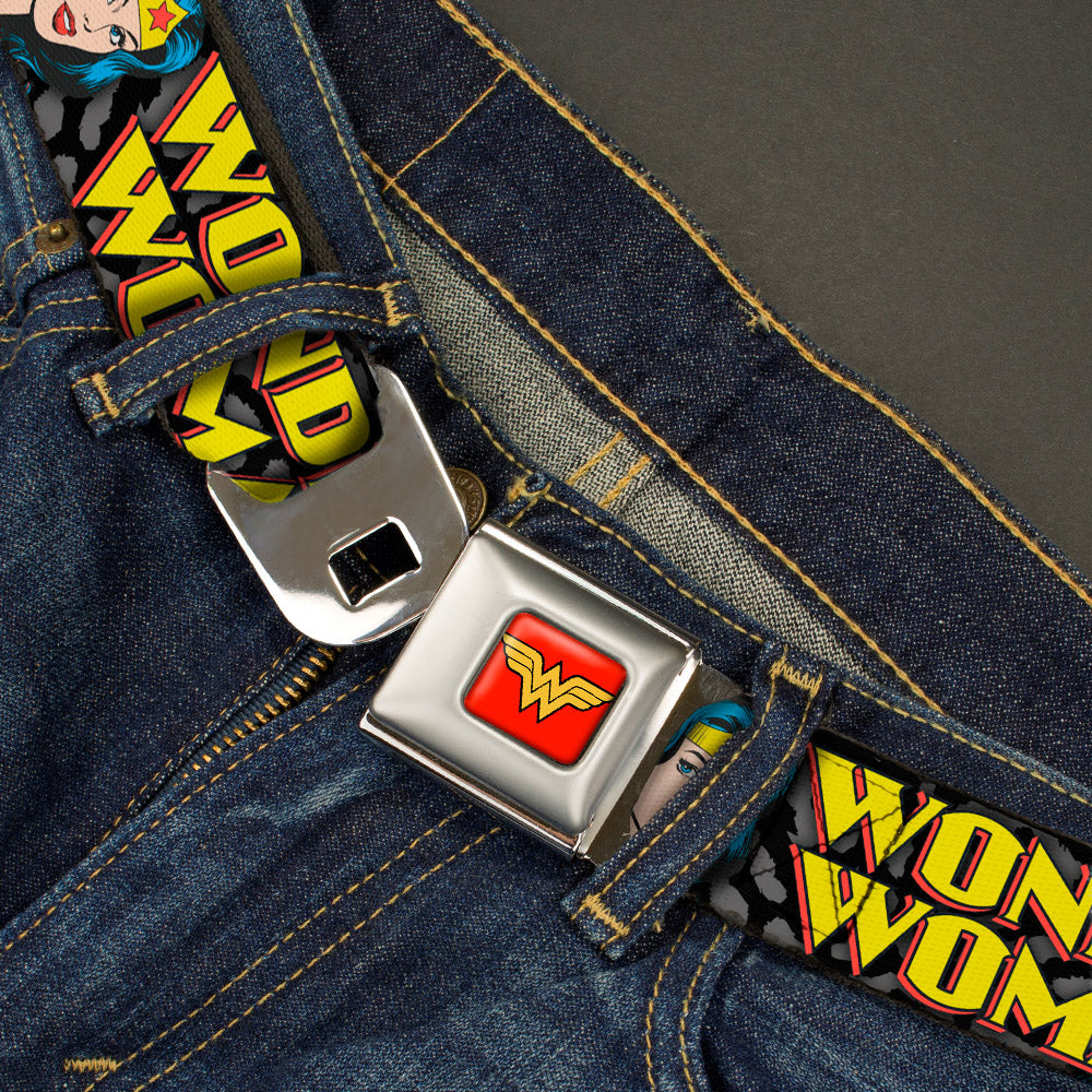 Wonder Woman Logo Full Color Red Seatbelt Belt - WONDER WOMAN w/Face CLOSE-UP Leopard Black/Gray Webbing Seatbelt Belts DC Comics