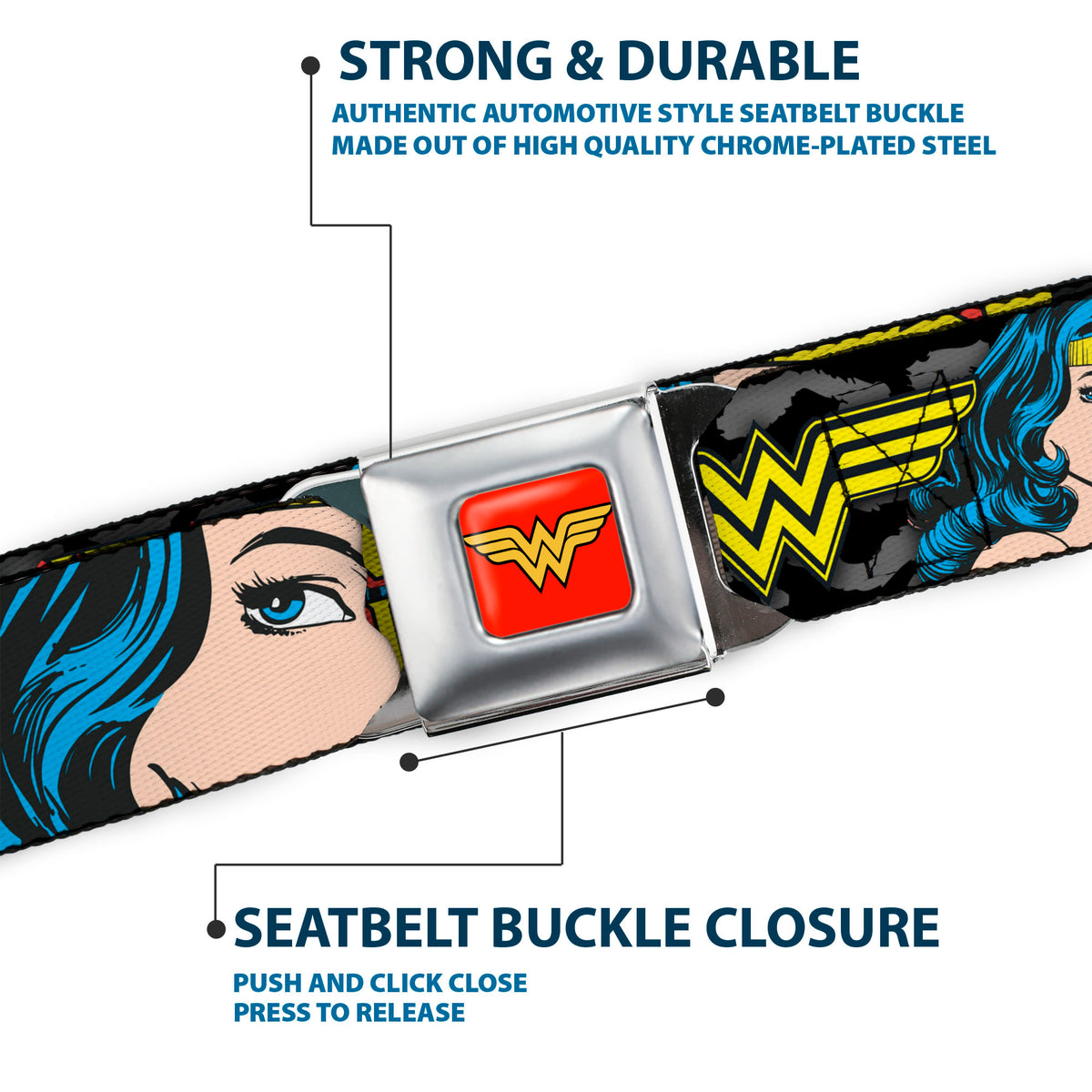 Wonder Woman Logo Full Color Red Seatbelt Belt - WONDER WOMAN w/Face CLOSE-UP Leopard Black/Gray Webbing Seatbelt Belts DC Comics