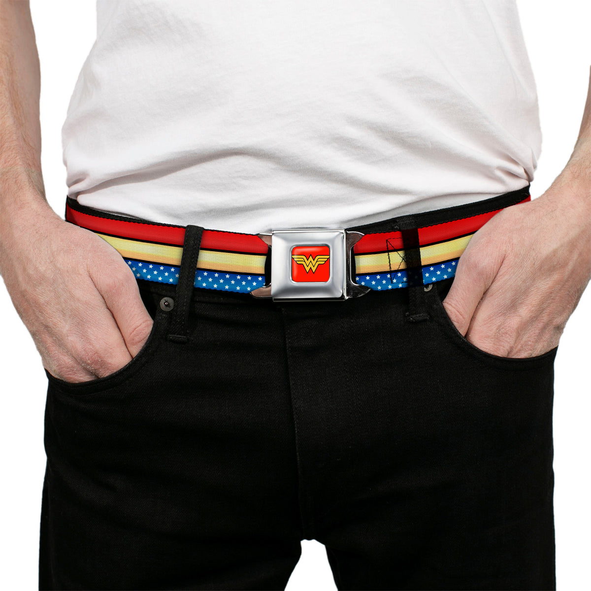 Wonder Woman Logo Full Color Red Seatbelt Belt - Wonder Woman Stripe/Stars Red/Gold/Blue/White Webbing Seatbelt Belts DC Comics