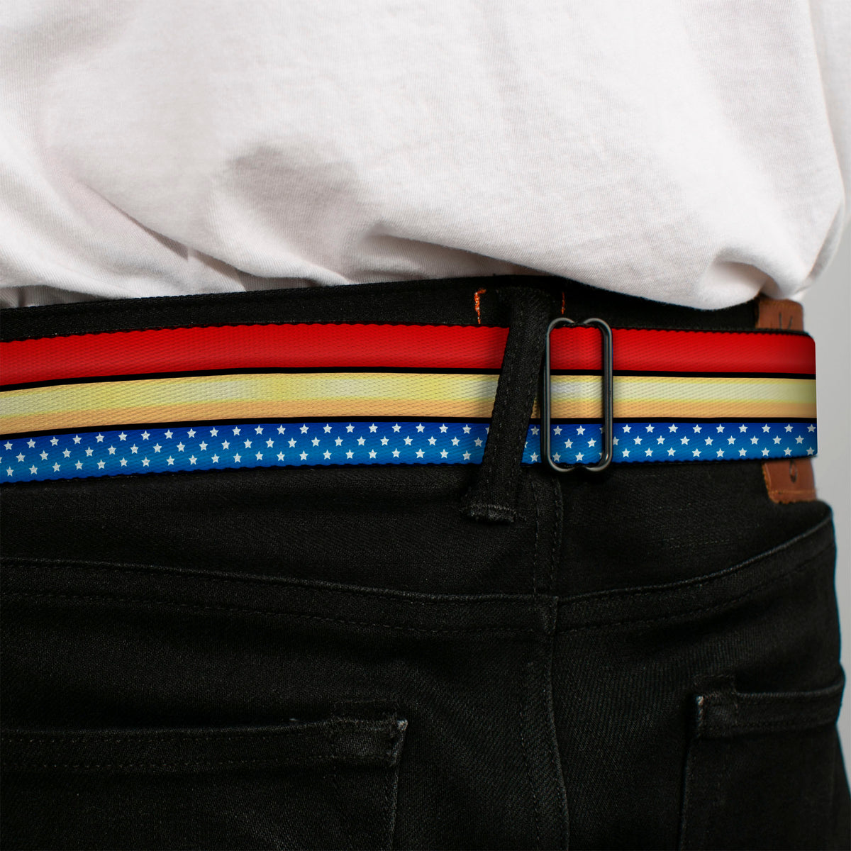 Wonder Woman Logo Full Color Red Seatbelt Belt - Wonder Woman Stripe/Stars Red/Gold/Blue/White Webbing Seatbelt Belts DC Comics