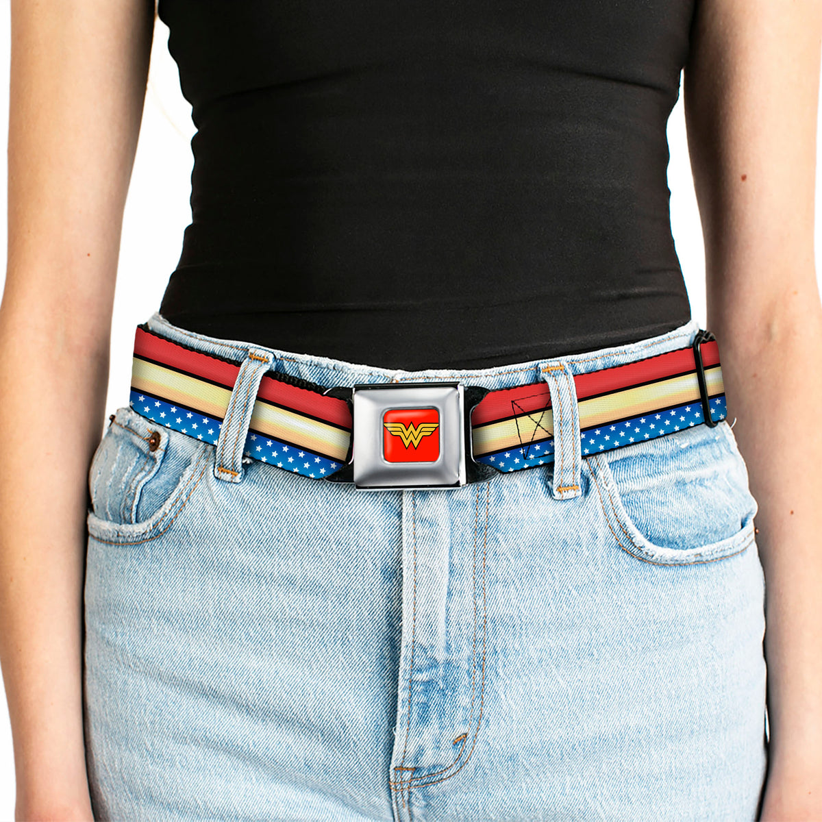 Wonder Woman Logo Full Color Red Seatbelt Belt - Wonder Woman Stripe/Stars Red/Gold/Blue/White Webbing Seatbelt Belts DC Comics