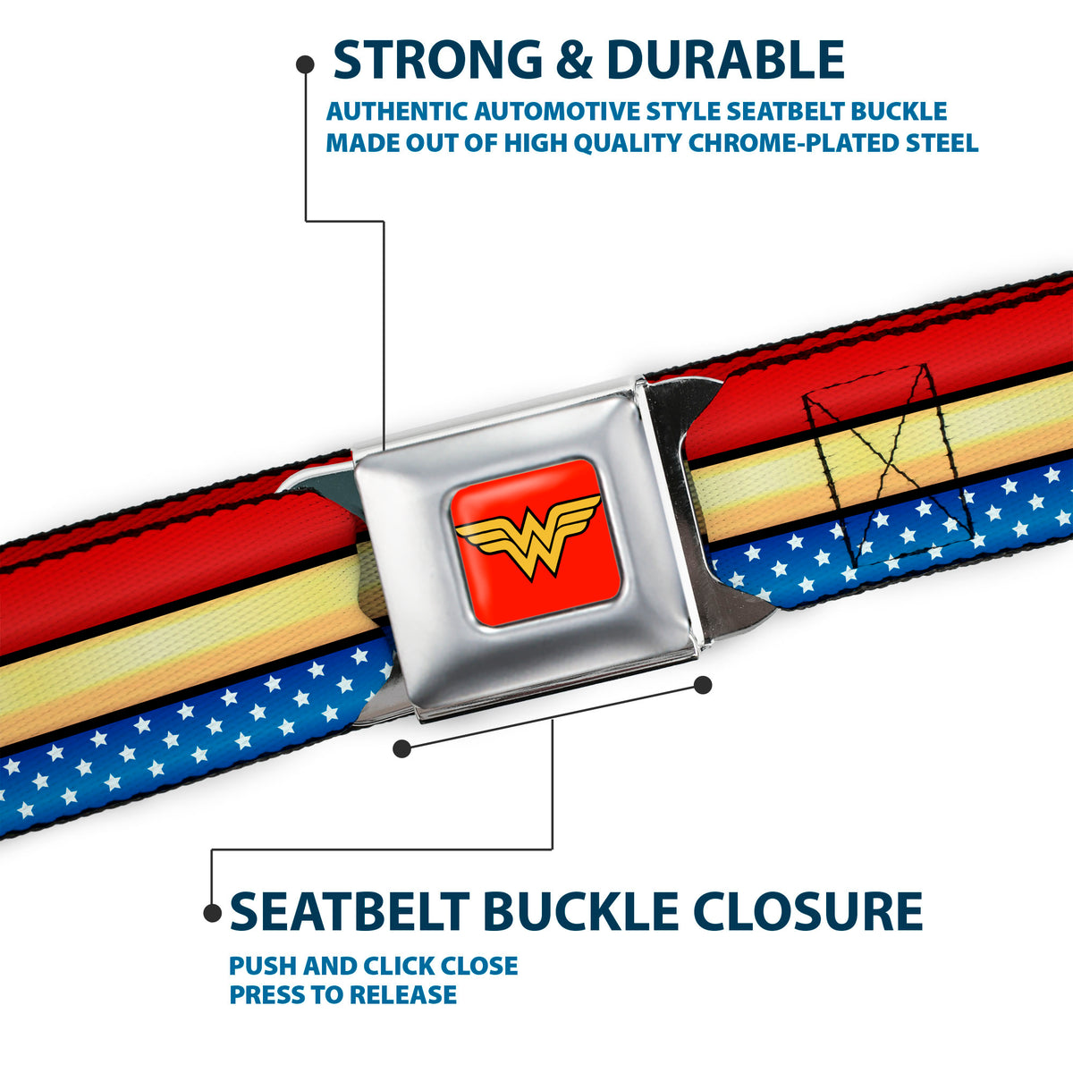 Wonder Woman Logo Full Color Red Seatbelt Belt - Wonder Woman Stripe/Stars Red/Gold/Blue/White Webbing Seatbelt Belts DC Comics