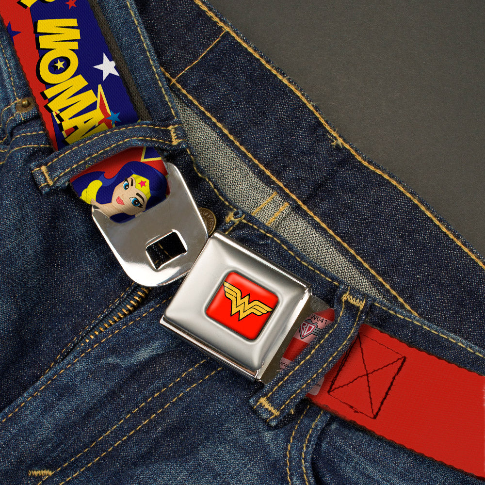 Wonder Woman Logo Full Color Red Seatbelt Belt - DC Girls WONDER WOMAN 3-Poses/Logo/Stars Red/Gold/Blues/White Webbing Seatbelt Belts DC Comics