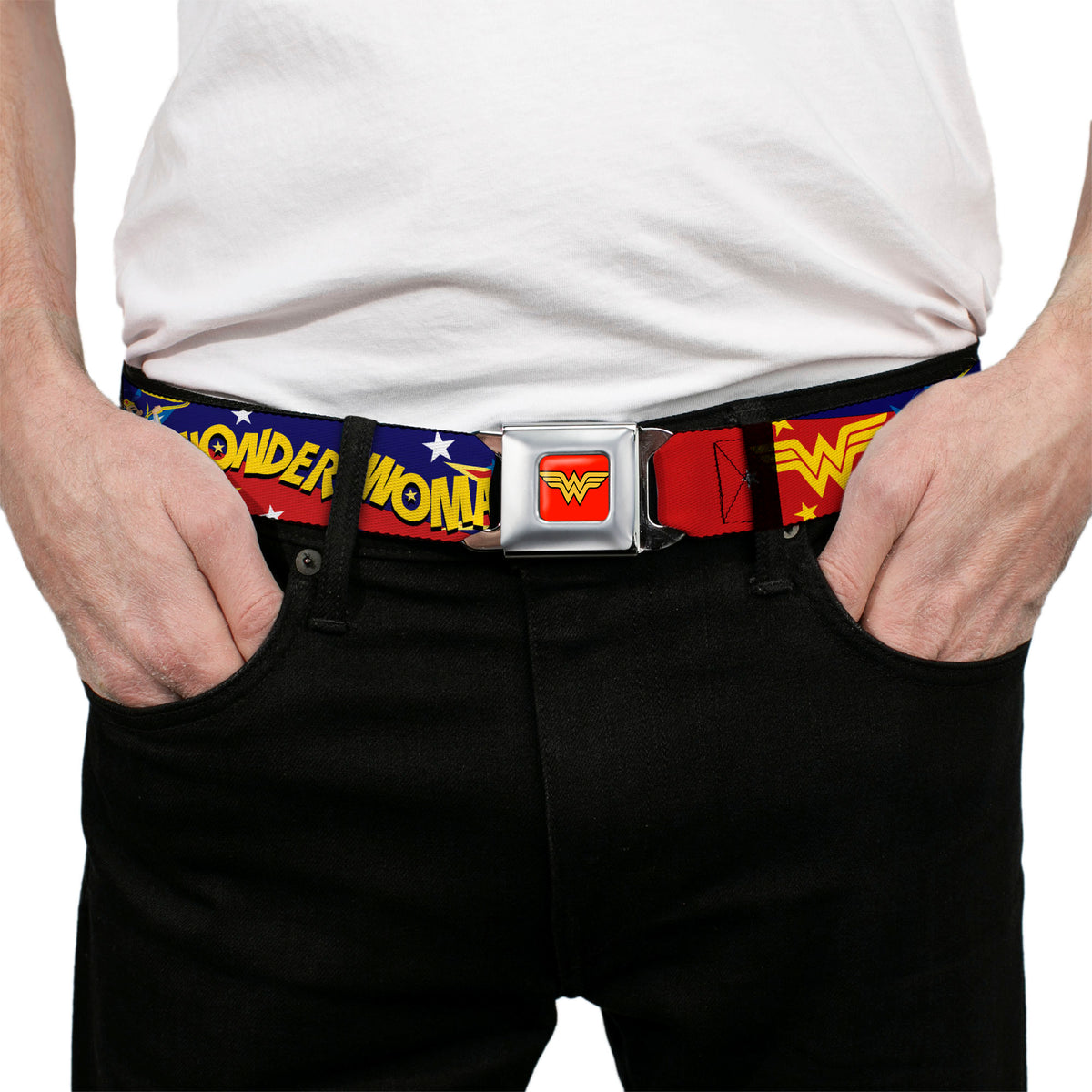 Wonder Woman Logo Full Color Red Seatbelt Belt - DC Girls WONDER WOMAN 3-Poses/Logo/Stars Red/Gold/Blues/White Webbing Seatbelt Belts DC Comics