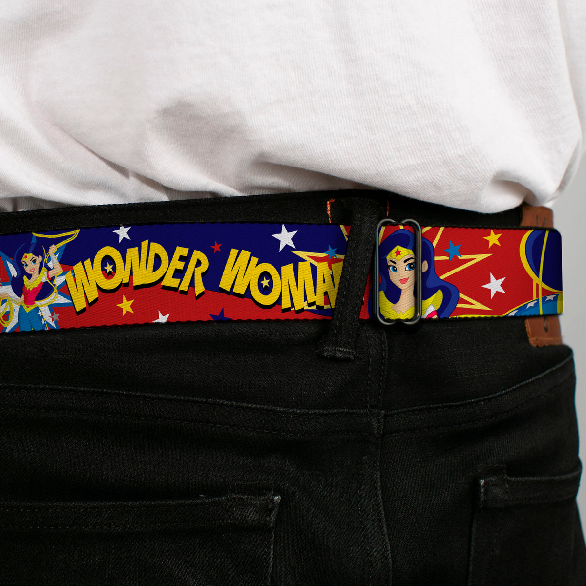 Wonder Woman Logo Full Color Red Seatbelt Belt - DC Girls WONDER WOMAN 3-Poses/Logo/Stars Red/Gold/Blues/White Webbing Seatbelt Belts DC Comics