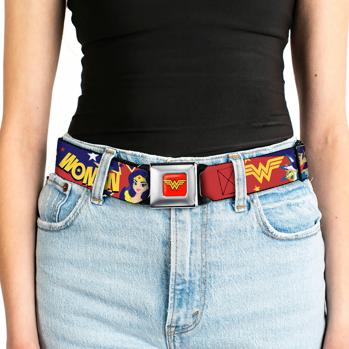 Wonder Woman Logo Full Color Red Seatbelt Belt - DC Girls WONDER WOMAN 3-Poses/Logo/Stars Red/Gold/Blues/White Webbing Seatbelt Belts DC Comics