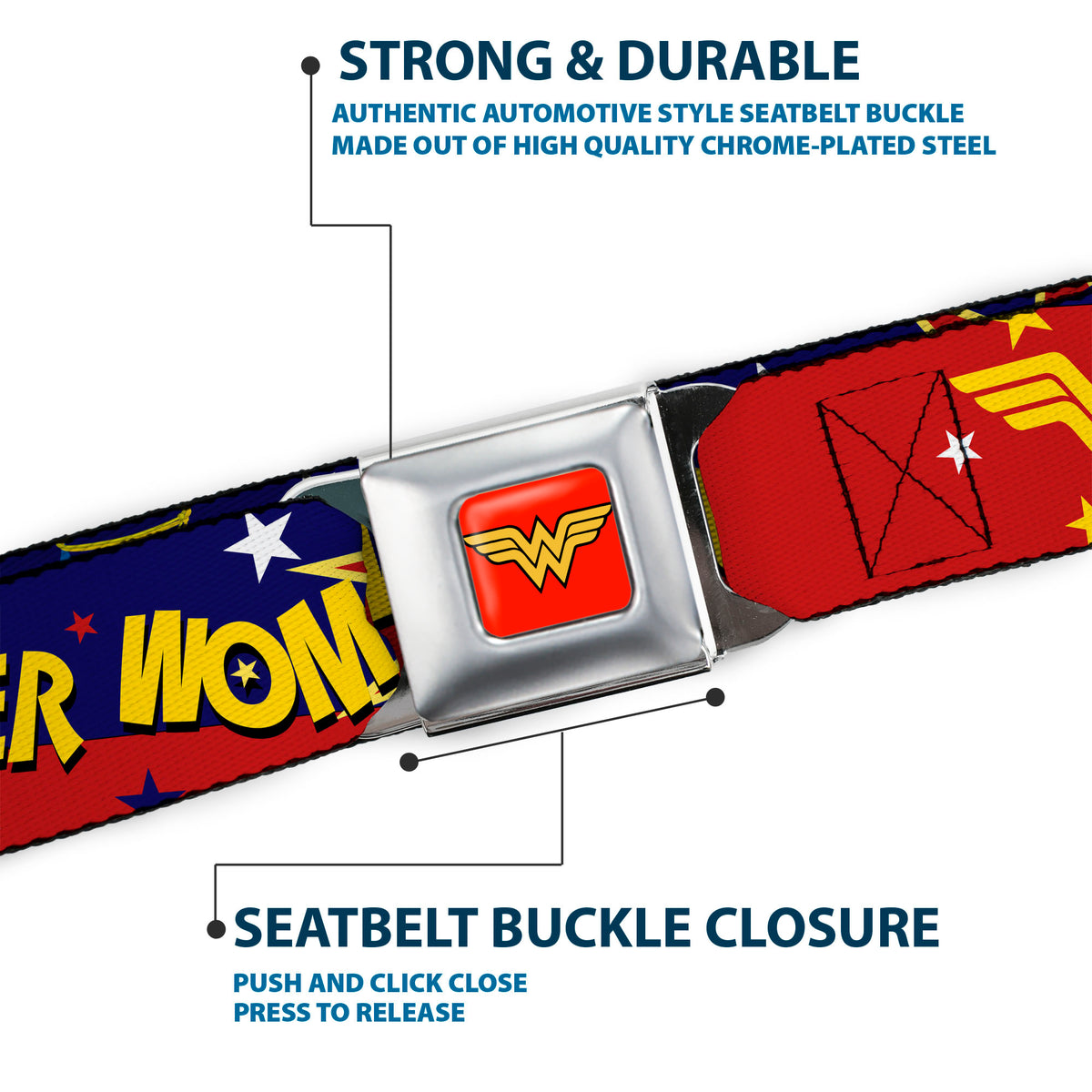 Wonder Woman Logo Full Color Red Seatbelt Belt - DC Girls WONDER WOMAN 3-Poses/Logo/Stars Red/Gold/Blues/White Webbing Seatbelt Belts DC Comics
