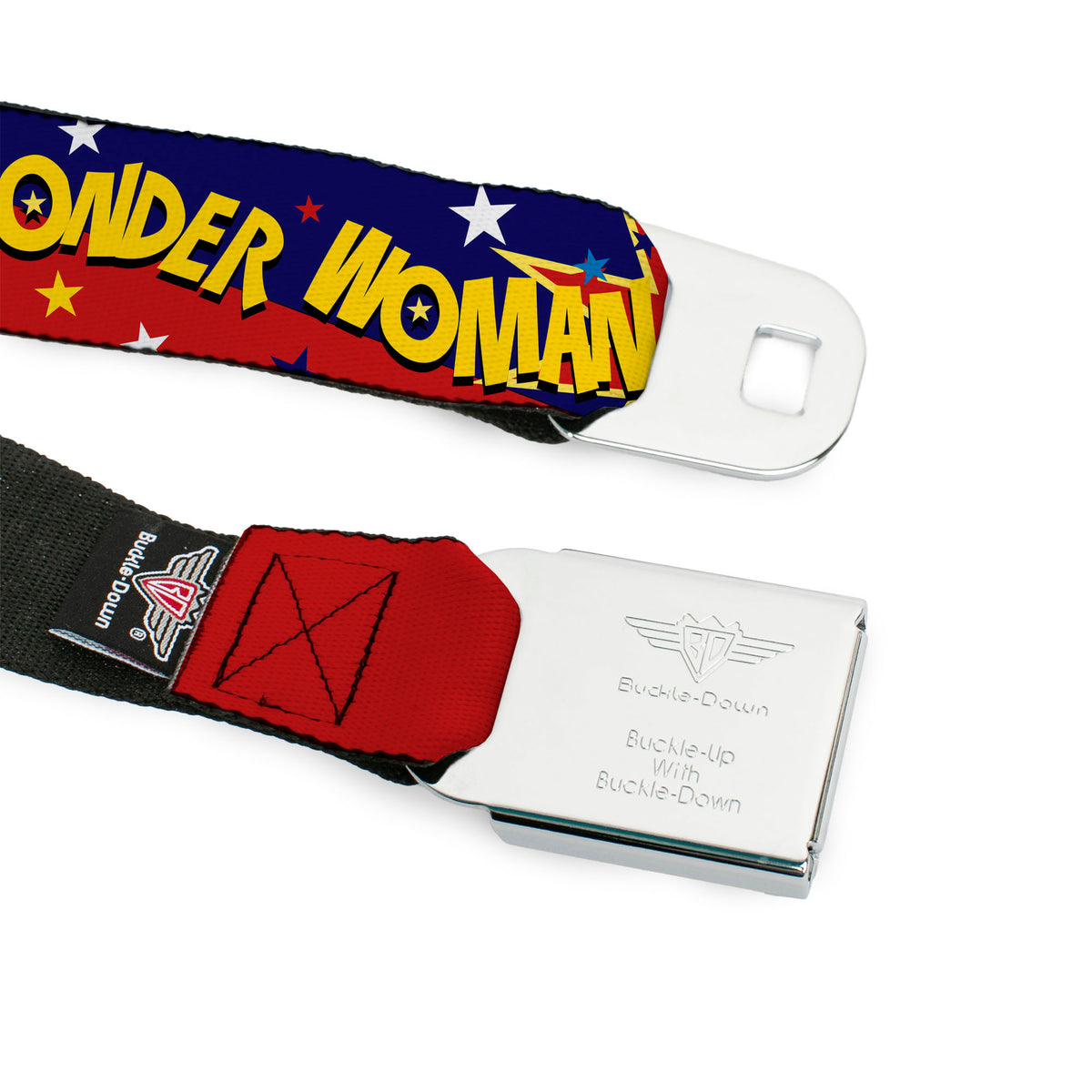 Wonder Woman Logo Full Color Red Seatbelt Belt - DC Girls WONDER WOMAN 3-Poses/Logo/Stars Red/Gold/Blues/White Webbing Seatbelt Belts DC Comics