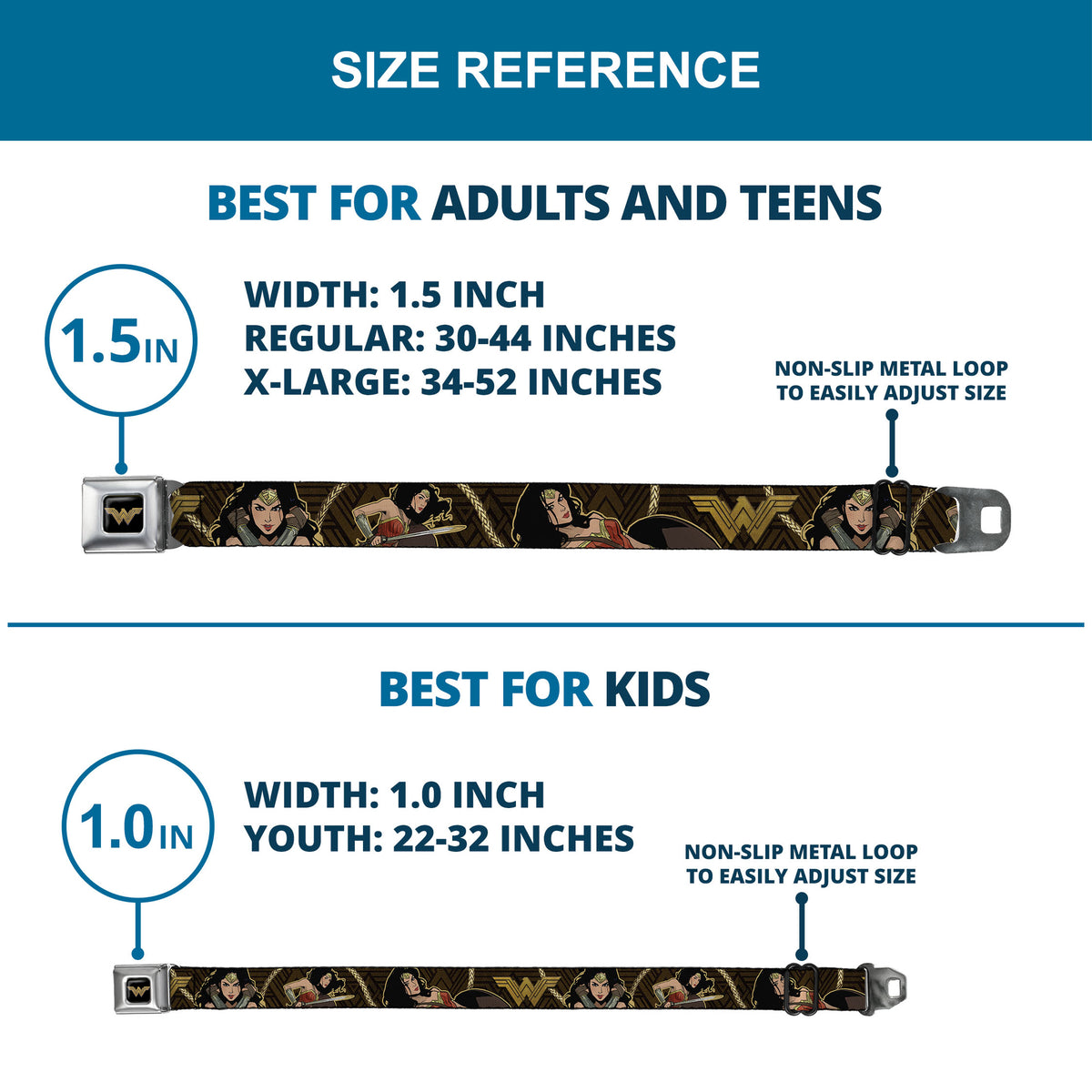 Wonder Woman 2017 Icon Full Color Black/Gold Seatbelt Belt - Wonder Woman 2017 Icon/3-Poses/Lasso of Truth Black/Brown/Golds Webbing Seatbelt Belts DC Comics