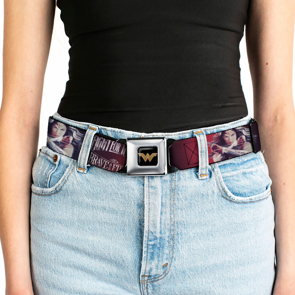 Wonder Woman 2017 Icon Full Color Black/Gold Seatbelt Belt - Wonder Woman Deflection Pose FIGHT FOR JUSTICE-BE BRAVE AND FIERCE Weathered Reds/Blues/White Webbing Seatbelt Belts DC Comics