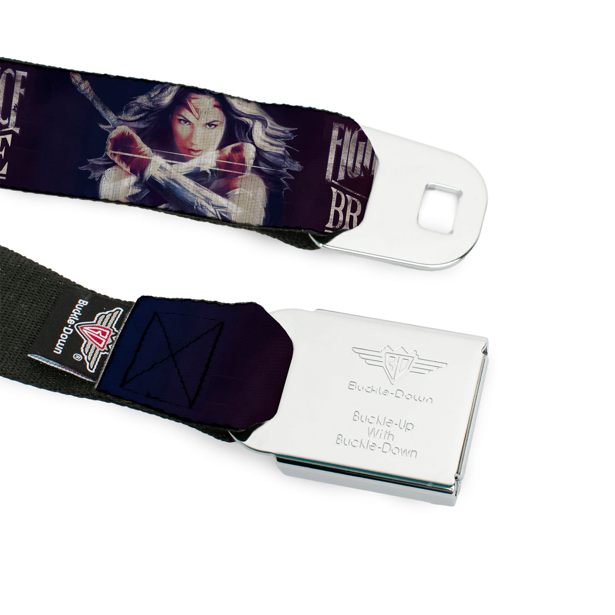 Wonder Woman 2017 Icon Full Color Black/Gold Seatbelt Belt - Wonder Woman Deflection Pose FIGHT FOR JUSTICE-BE BRAVE AND FIERCE Weathered Reds/Blues/White Webbing Seatbelt Belts DC Comics