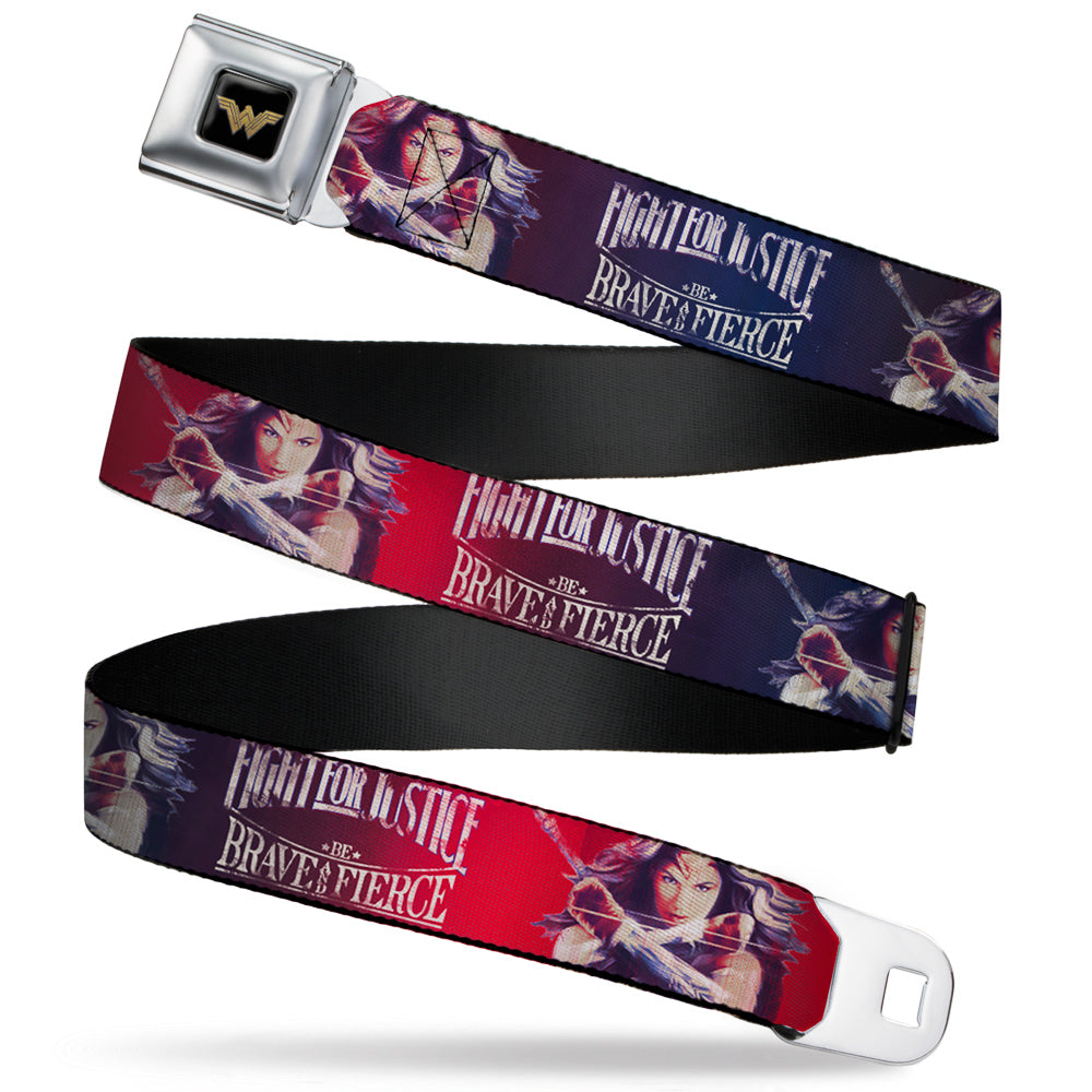 Wonder Woman 2017 Icon Full Color Black/Gold Seatbelt Belt - Wonder Woman Deflection Pose FIGHT FOR JUSTICE-BE BRAVE AND FIERCE Weathered Reds/Blues/White Webbing Seatbelt Belts DC Comics