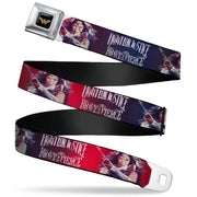 Wonder Woman 2017 Icon Full Color Black/Gold Seatbelt Belt - Wonder Woman Deflection Pose FIGHT FOR JUSTICE-BE BRAVE AND FIERCE Weathered Reds/Blues/White Webbing Seatbelt Belts DC Comics