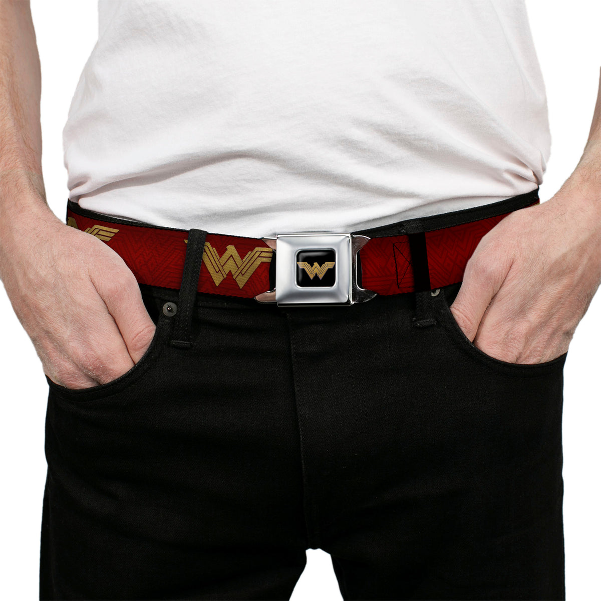 Wonder Woman 2017 Icon Full Color Black/Gold Seatbelt Belt - Wonder Woman 2017 Icon Reds/Golds Webbing Seatbelt Belts DC Comics